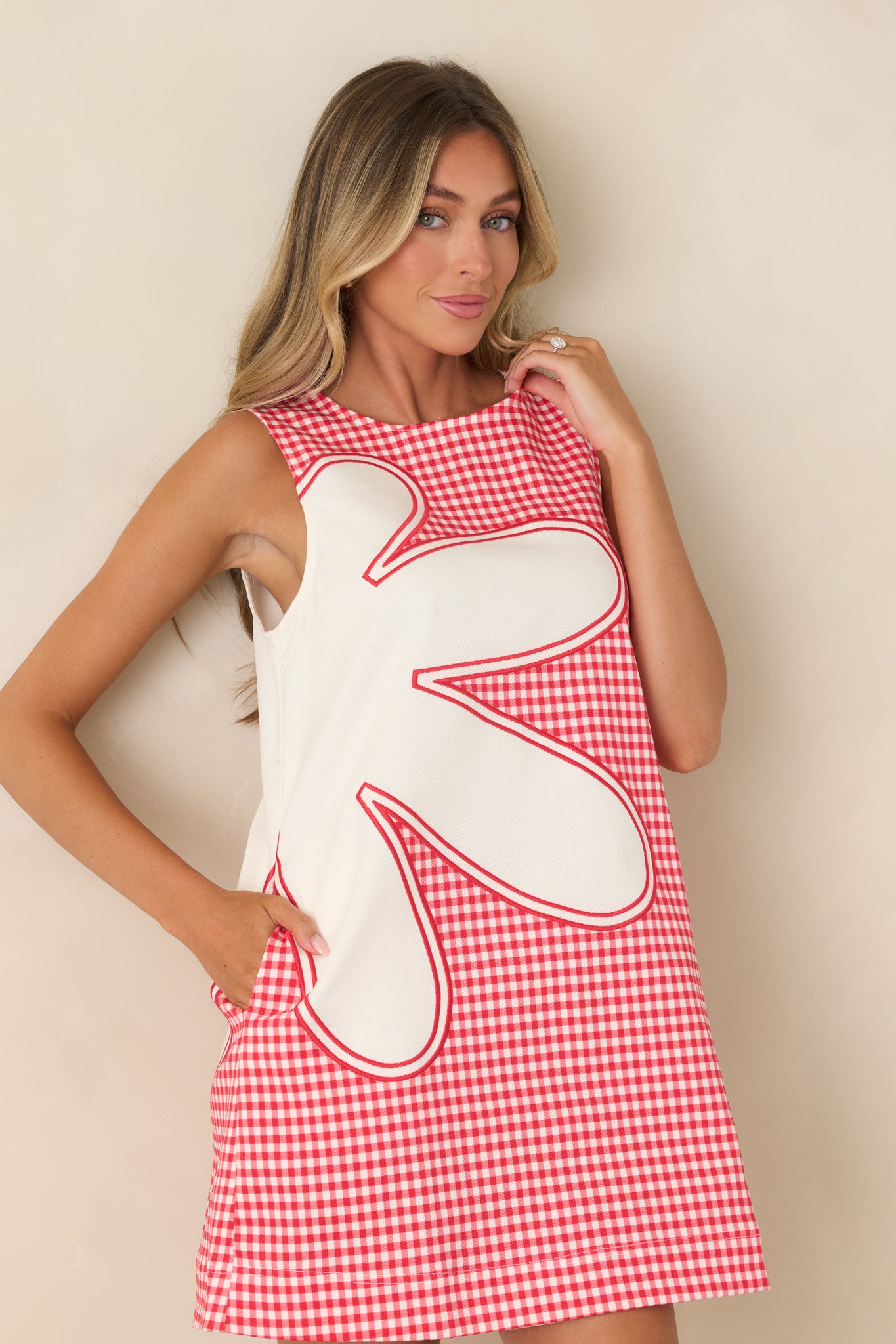 Close view of the mini dress highlighting the intricate floral appliqué panel against the classic gingham backdrop.