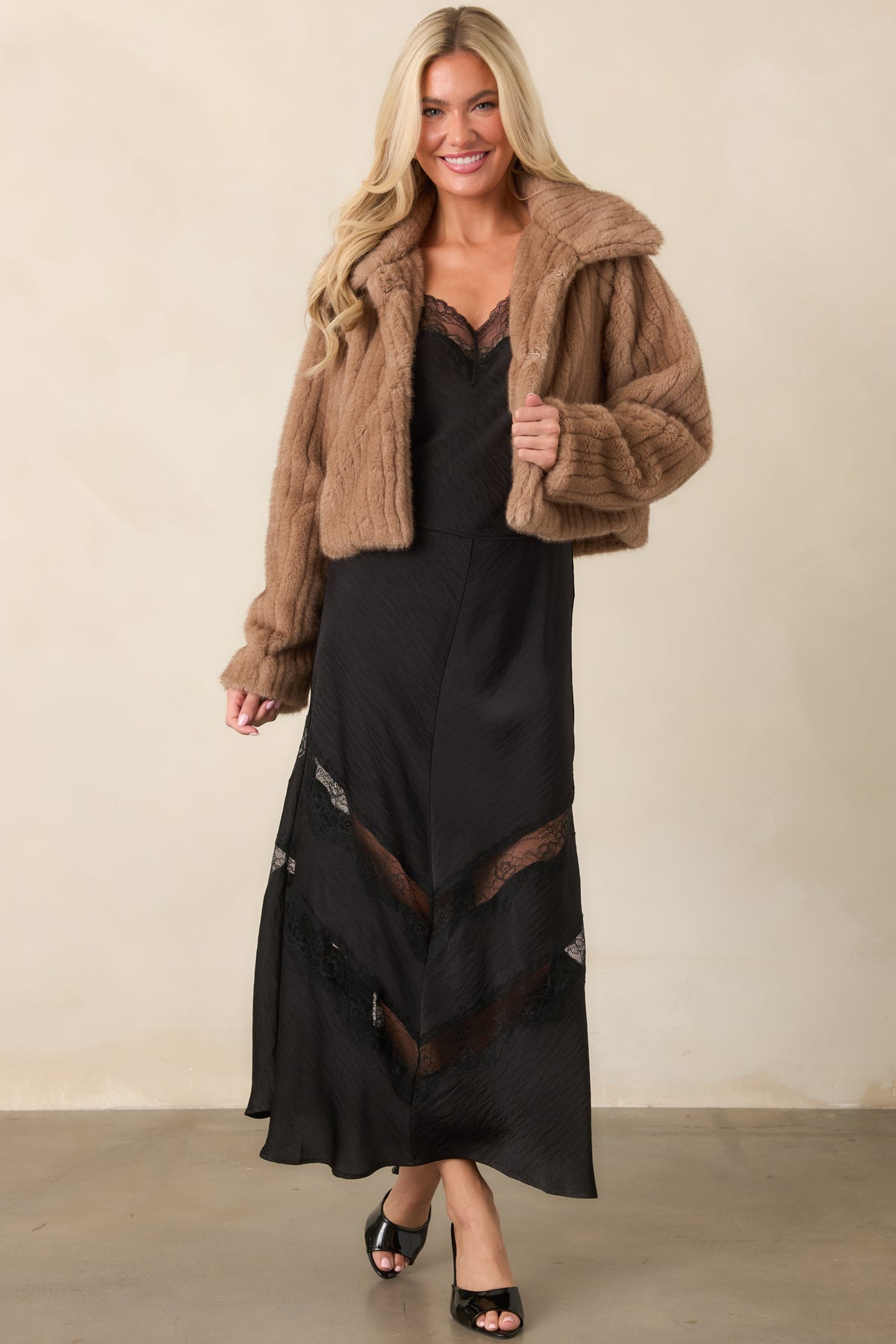 Mocha brown faux fur jacket highlighting its subtle ribbed fabrication and wide collar.