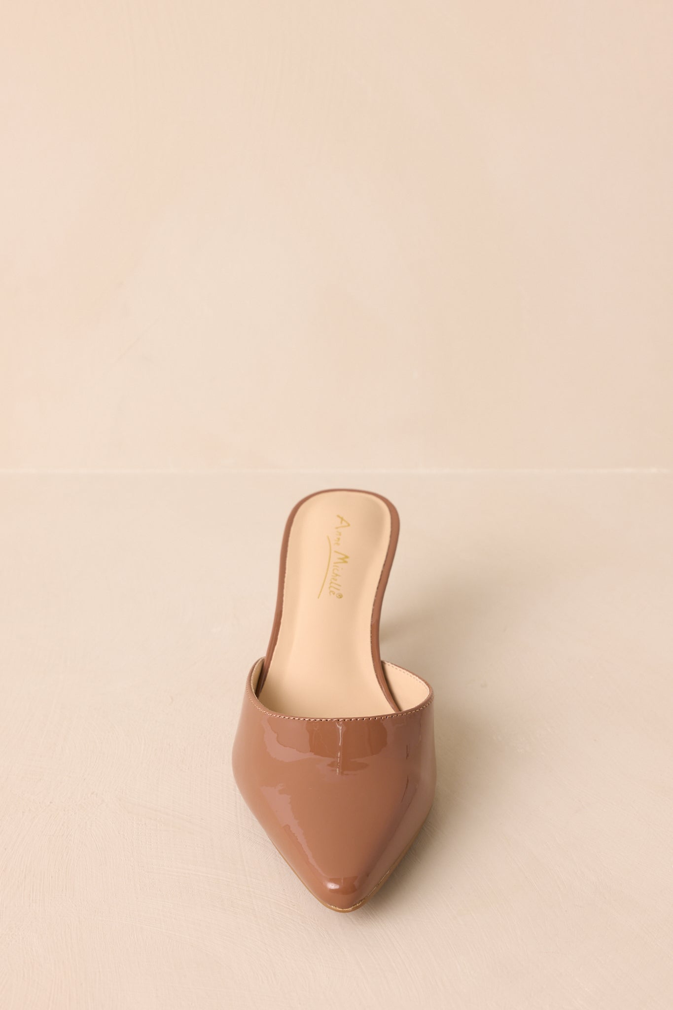 Front-facing view of mocha brown mule emphasizing pointed toe and smooth leather texture.