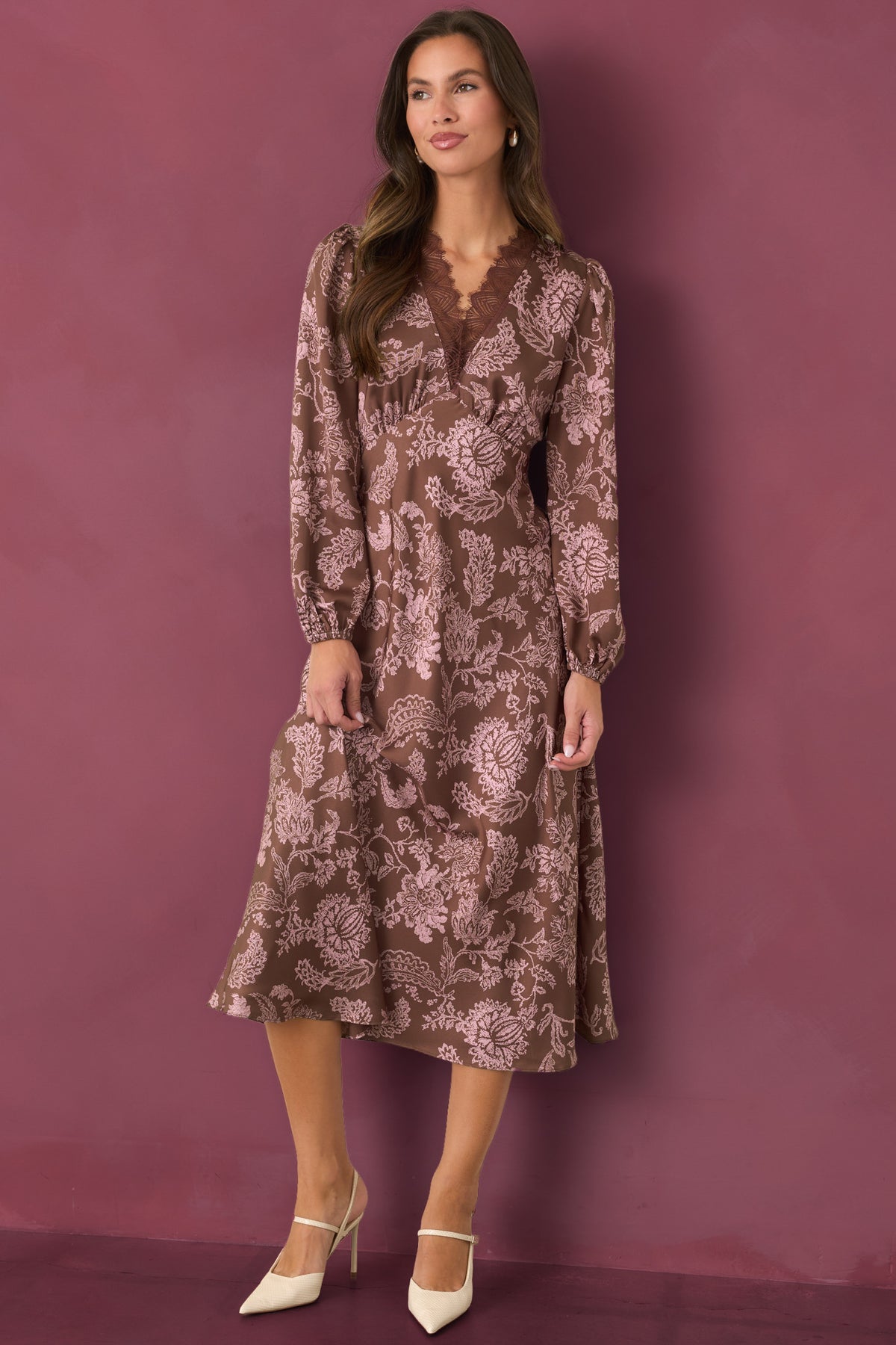 Mocha brown midi dress featuring a delicate pink floral lace print and flowing A-line skirt.