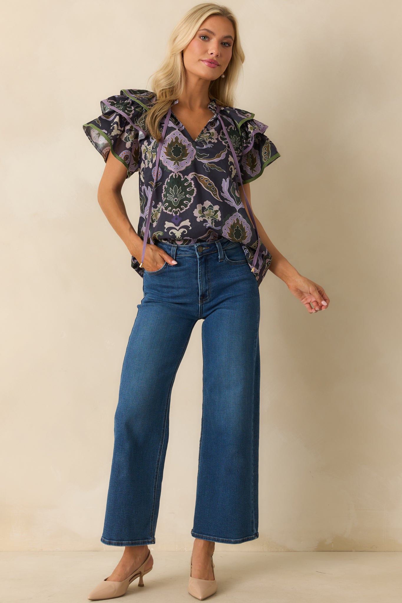 Navy Multi Print Ruffle Sleeve Blouse - Women's Blouses | Red Dress Navy Multi Print Ruffle Sleeve Blouse - Women's Blouses | Red Dress