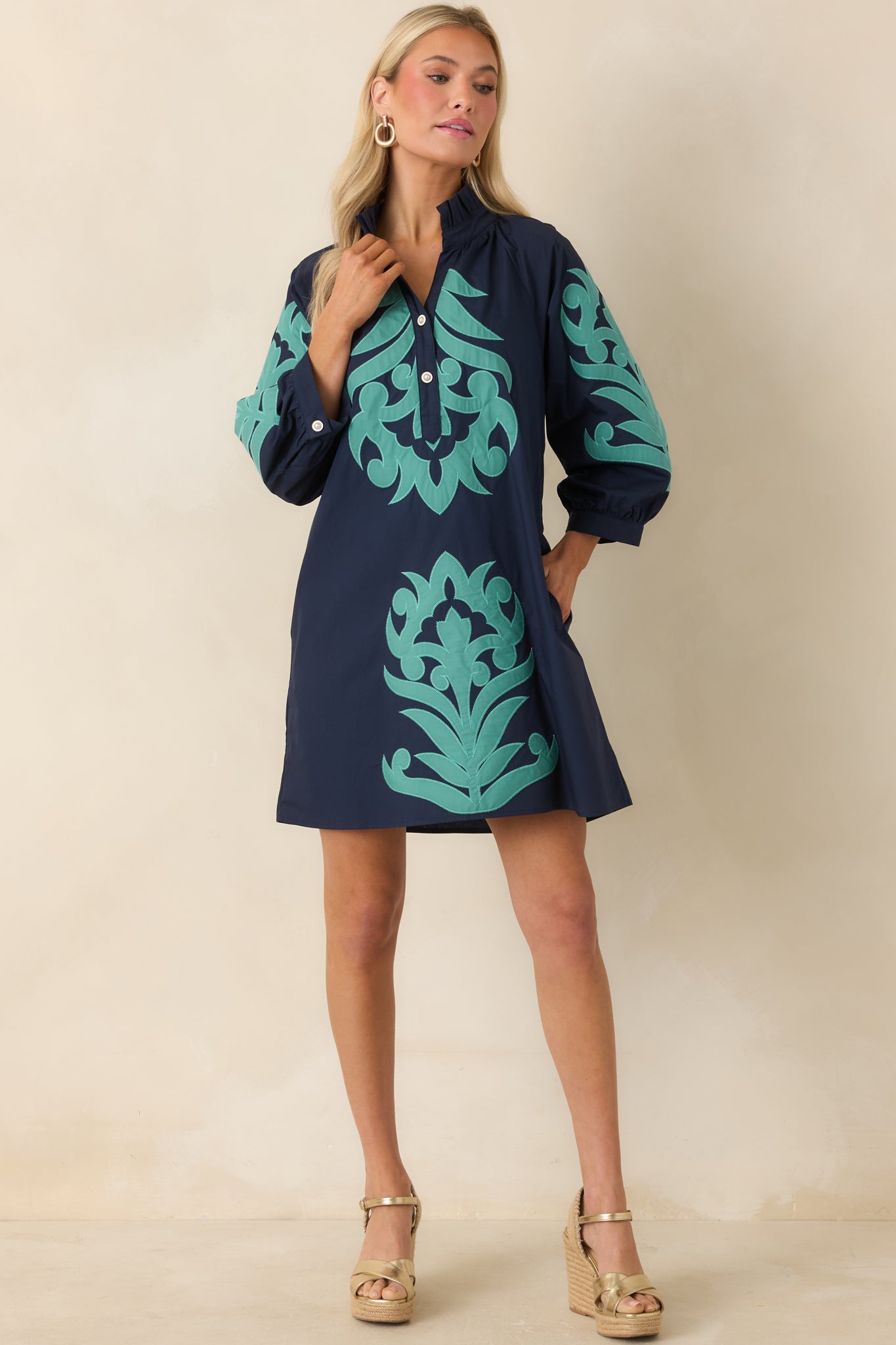 Red Dress | Navy & Aqua Contrast Detail Tunic Mini Dress