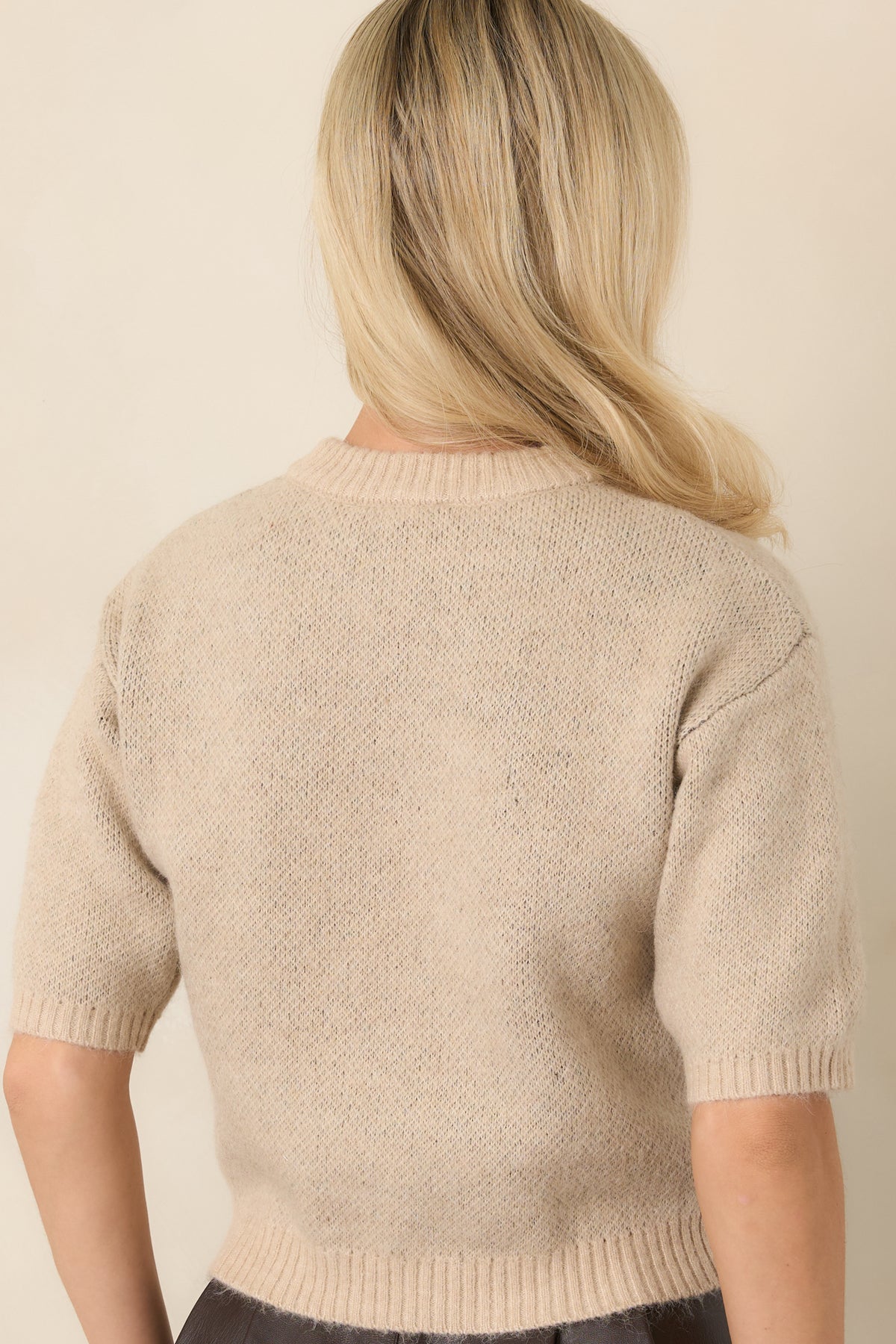 Rear of the oatmeal knit sweater showing the plain knit back, short sleeves, slightly cropped silhouette, and ribbed neckline and hem.