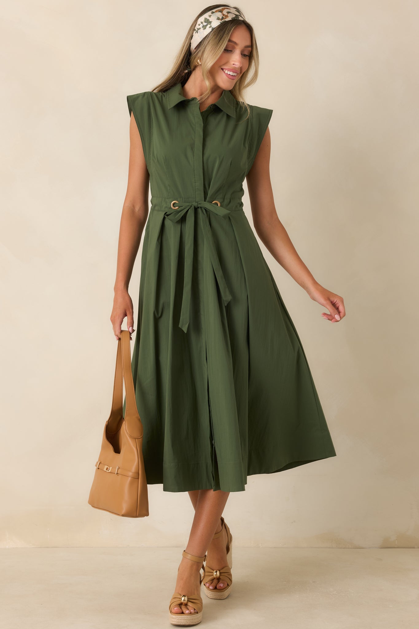 A Better Plan Olive Green Cotton Poplin Belted Midi Dress