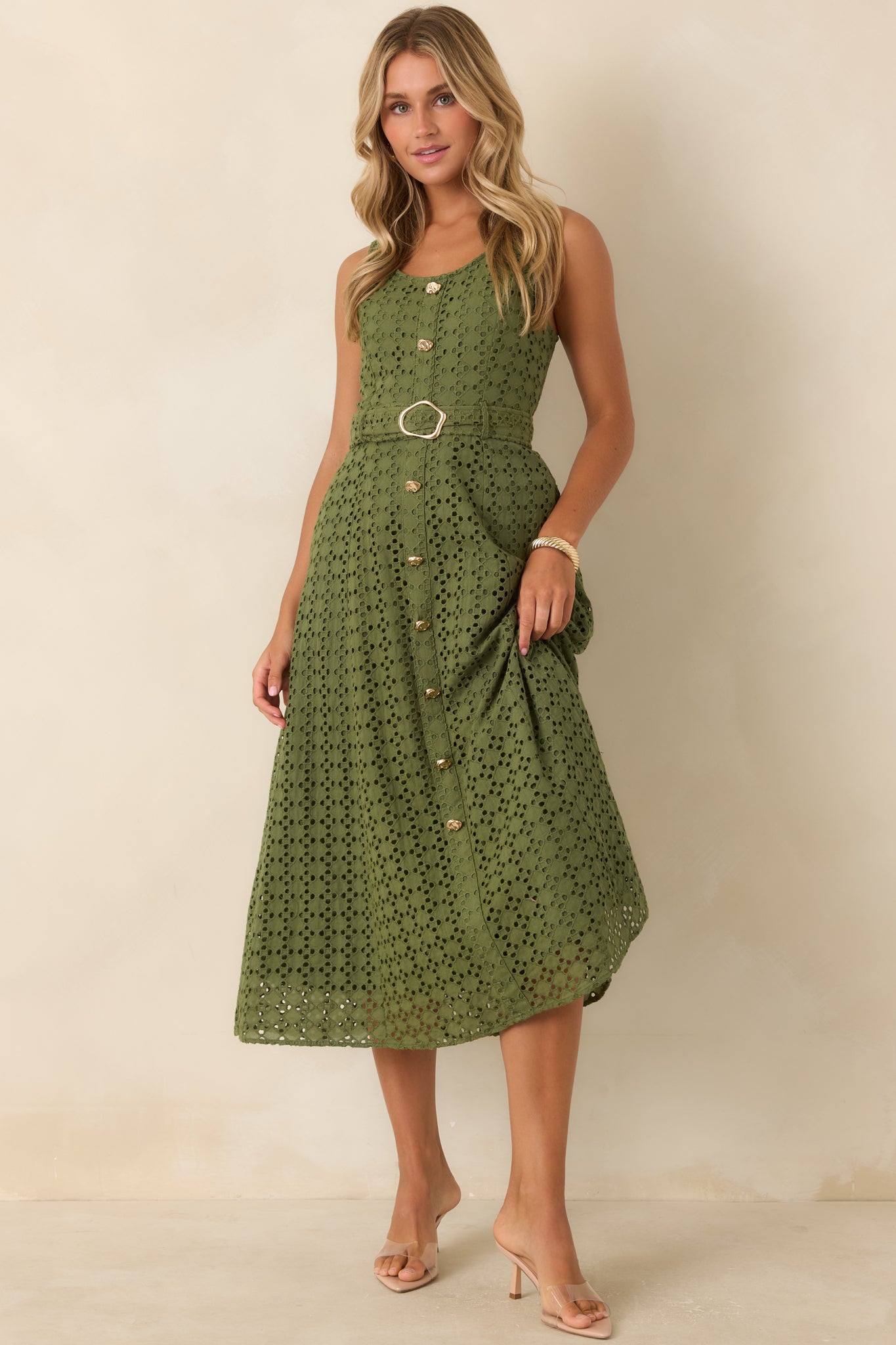 Women's Entro Garden Society Olive Green Cotton Eyelet Sleeveless Midi Dress | Size: M