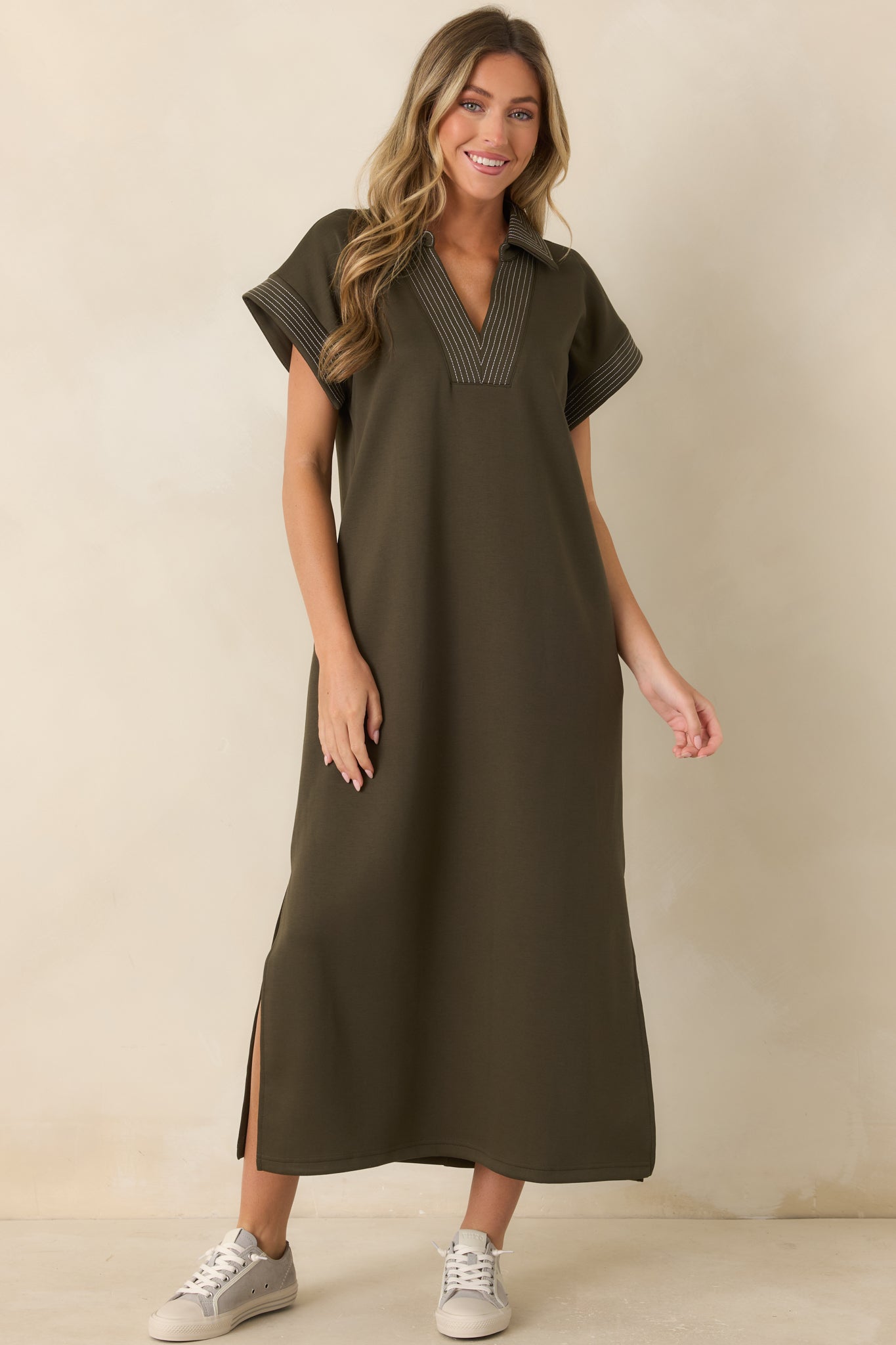 pinstripe maxi dress Women's Entro One Less Thing Olive Green V-Neck Contrast | Size: S Soft Grunge Fashion Girl Retro Vibe collection:webs_crochet_dress_patterns Color:Ivory+Sky Blue