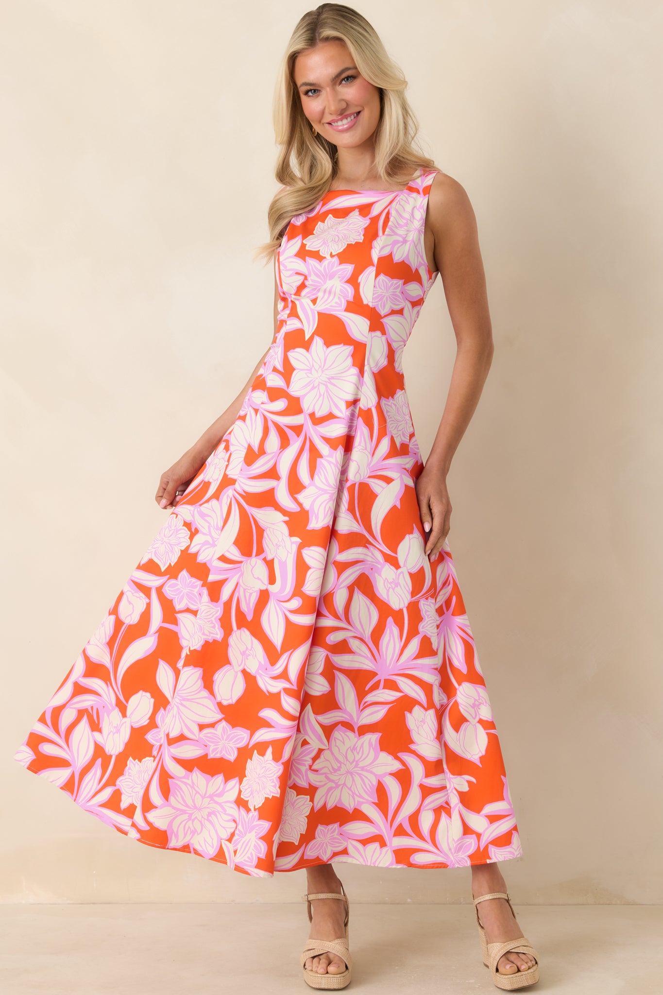 Red Dress | Orange & Orchid Pink Floral Tie Back Maxi Dress Red Dress | Orange & Orchid Pink Floral Tie Back Maxi Dress
