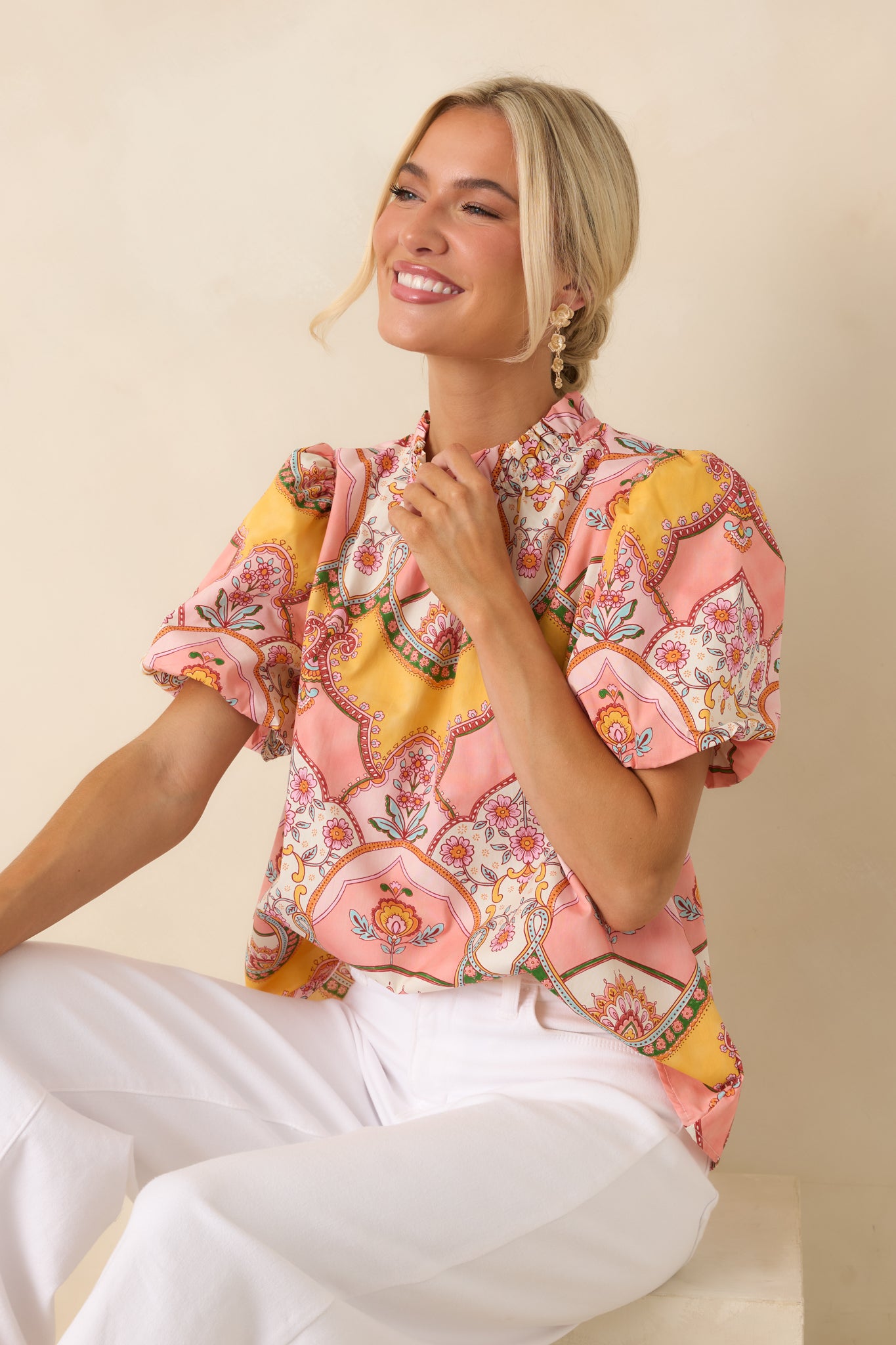 Ornamental scarf-print top showcasing the intricate pattern details and lightweight cotton texture.