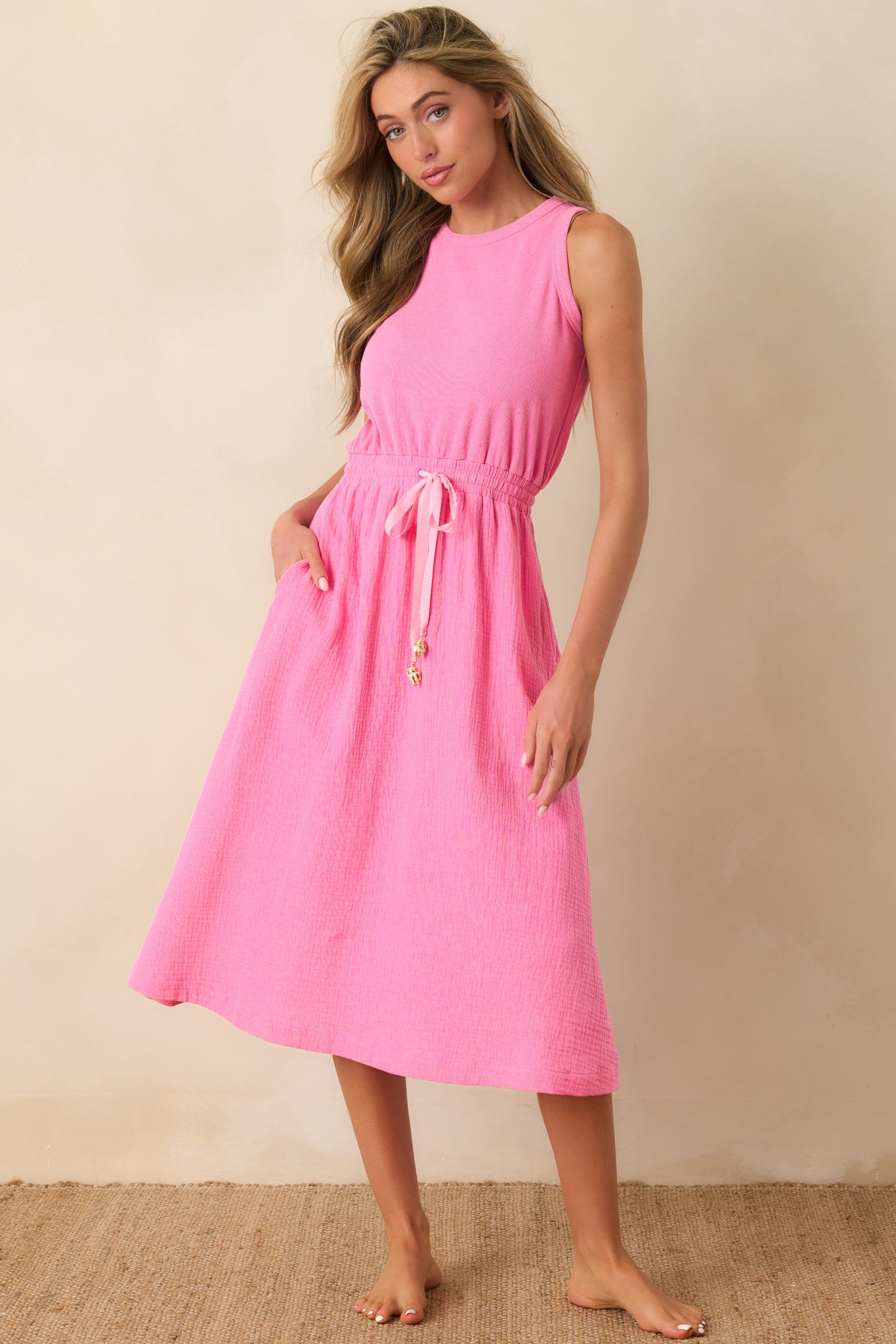 Paradisa Bonita Pink Cotton Sleeveless Midi Dress