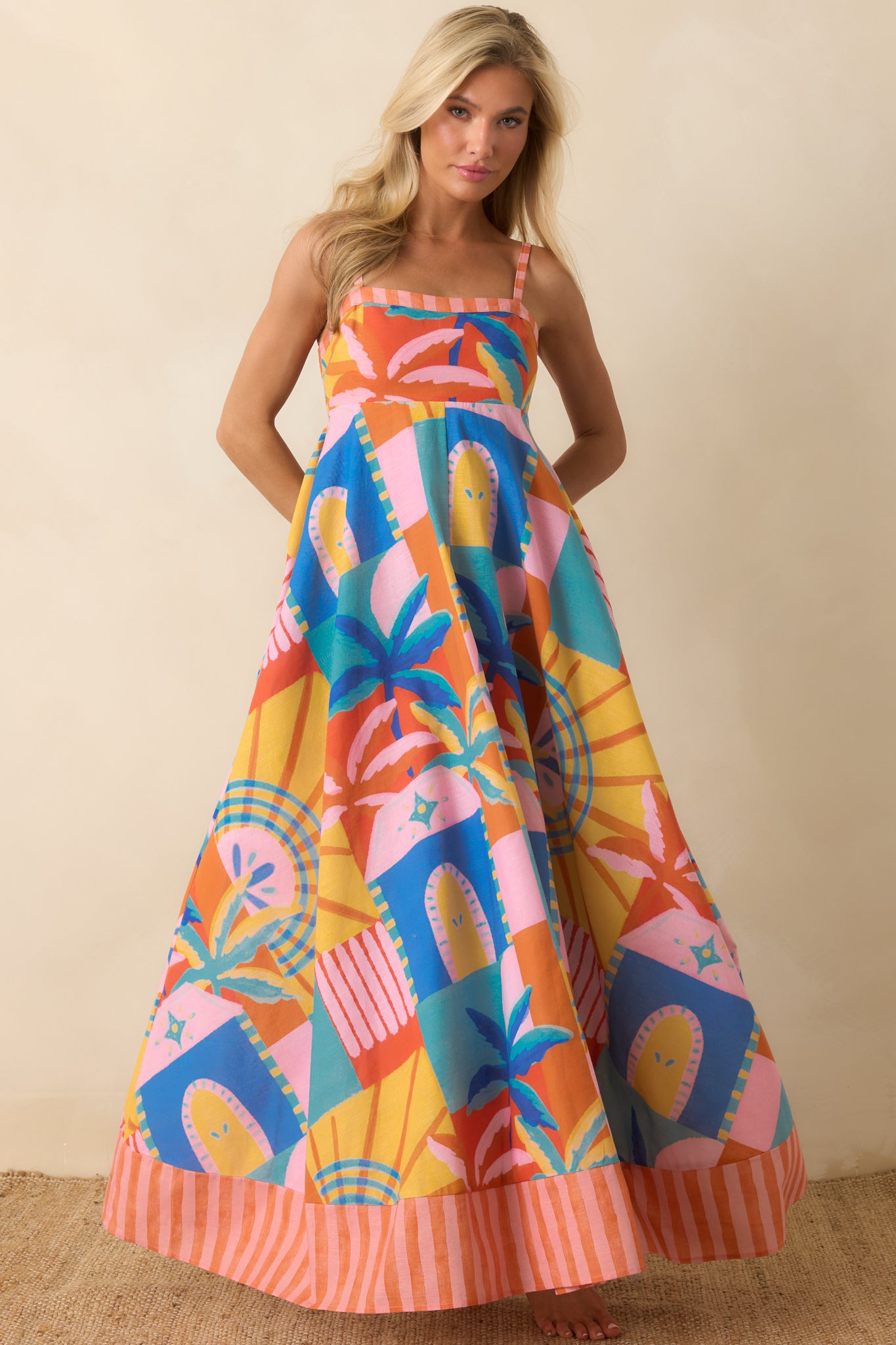 Women's Prosperina Atlantis Multi Tropical Mosaic Linen Blend Maxi Dress | Size: L