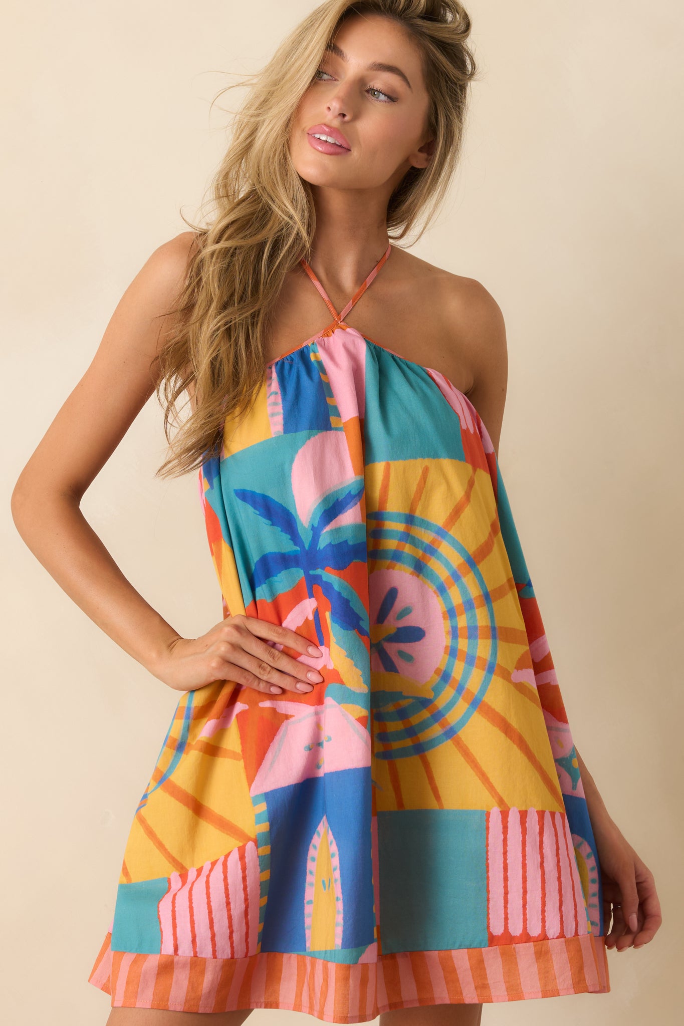 Women's Ithica Multi Tropical Mosaic Cotton Halter Swing Mini Dress | Size: L