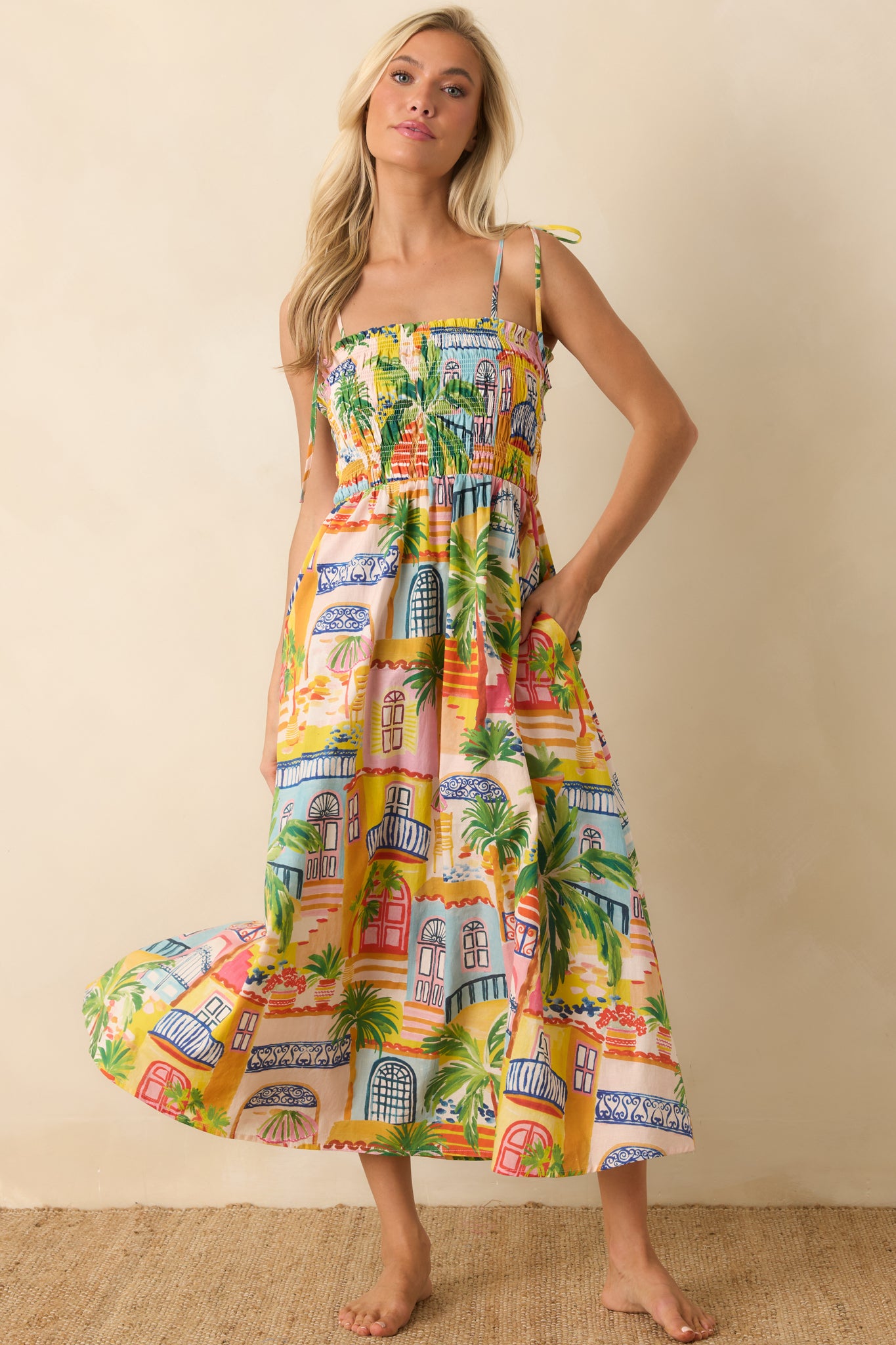 Women's Havana Multi Coastal Village Print Cotton Midi Dress | Size: S