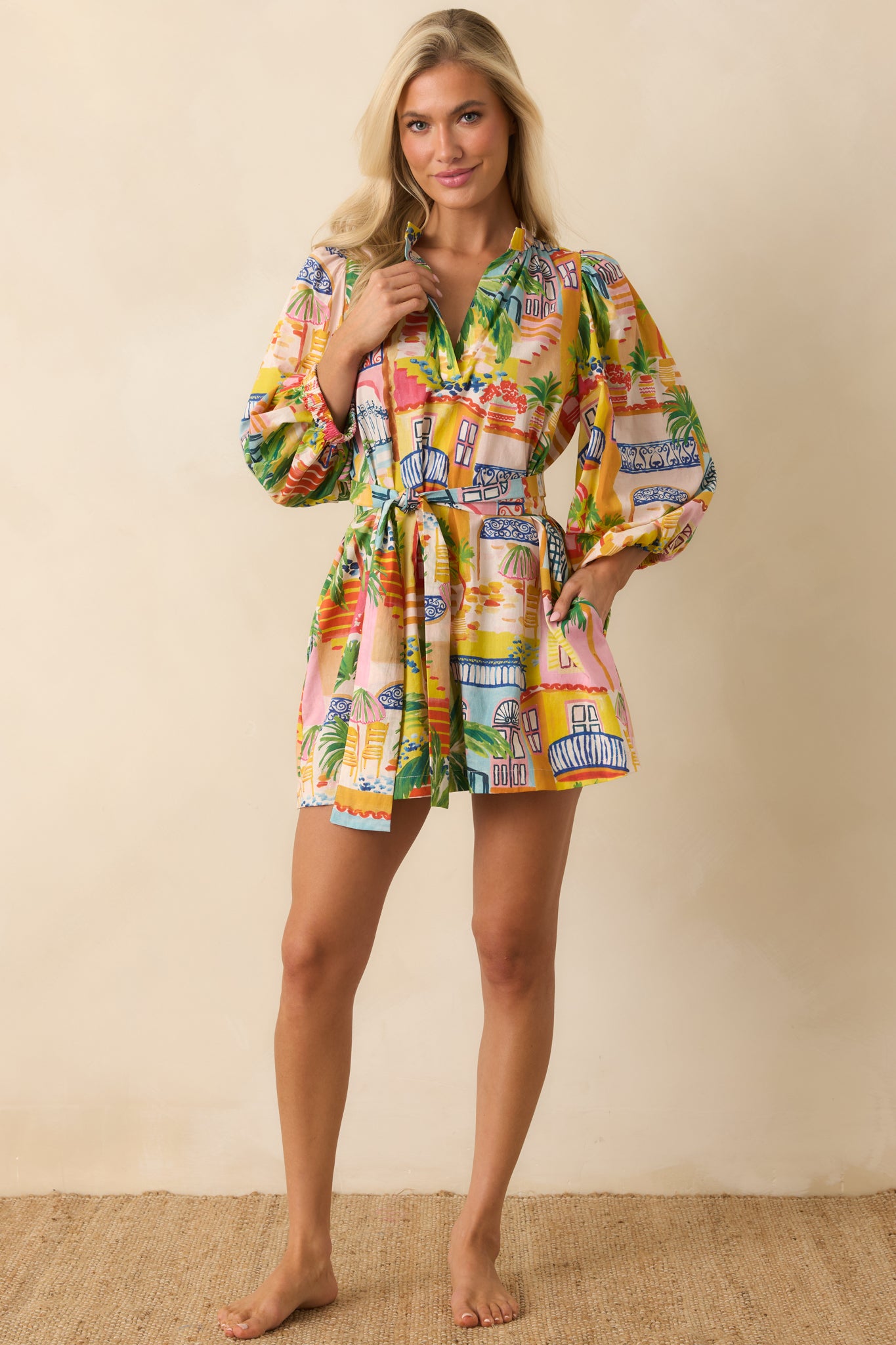 Paradisa Conch Key Coastal Village Print Cotton Mini Dress | Red Dress