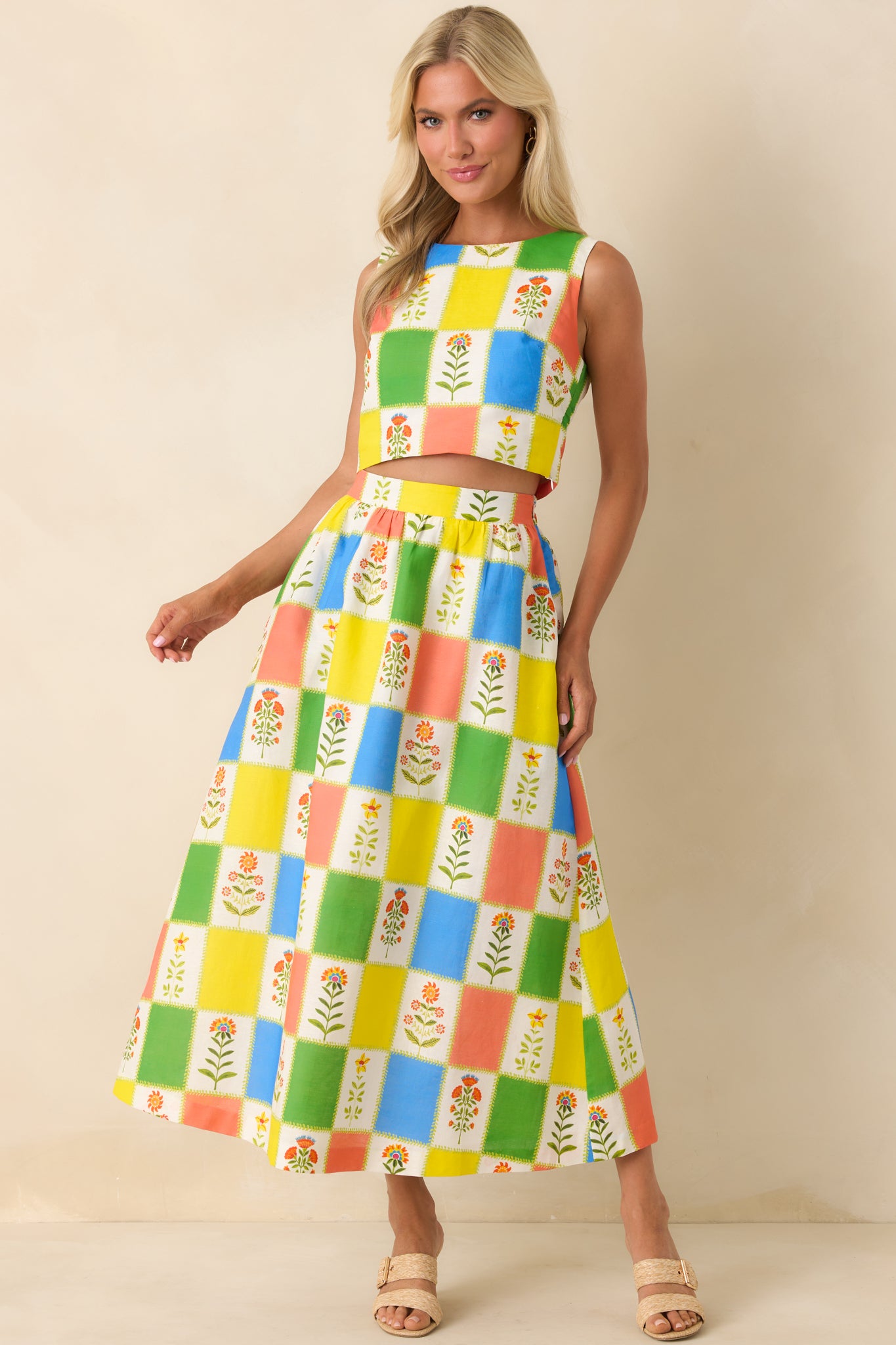 Vibrant patchwork skirt featuring a comfortable waist placement and a relaxed, airy drape that enhances its effortless, wear-anywhere feel.