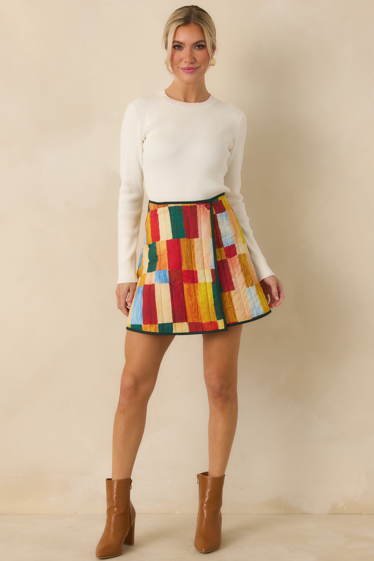 Quilted cotton skirt with a painterly geometric print in green, red, golden yellow, orange, ivory, and light blue.