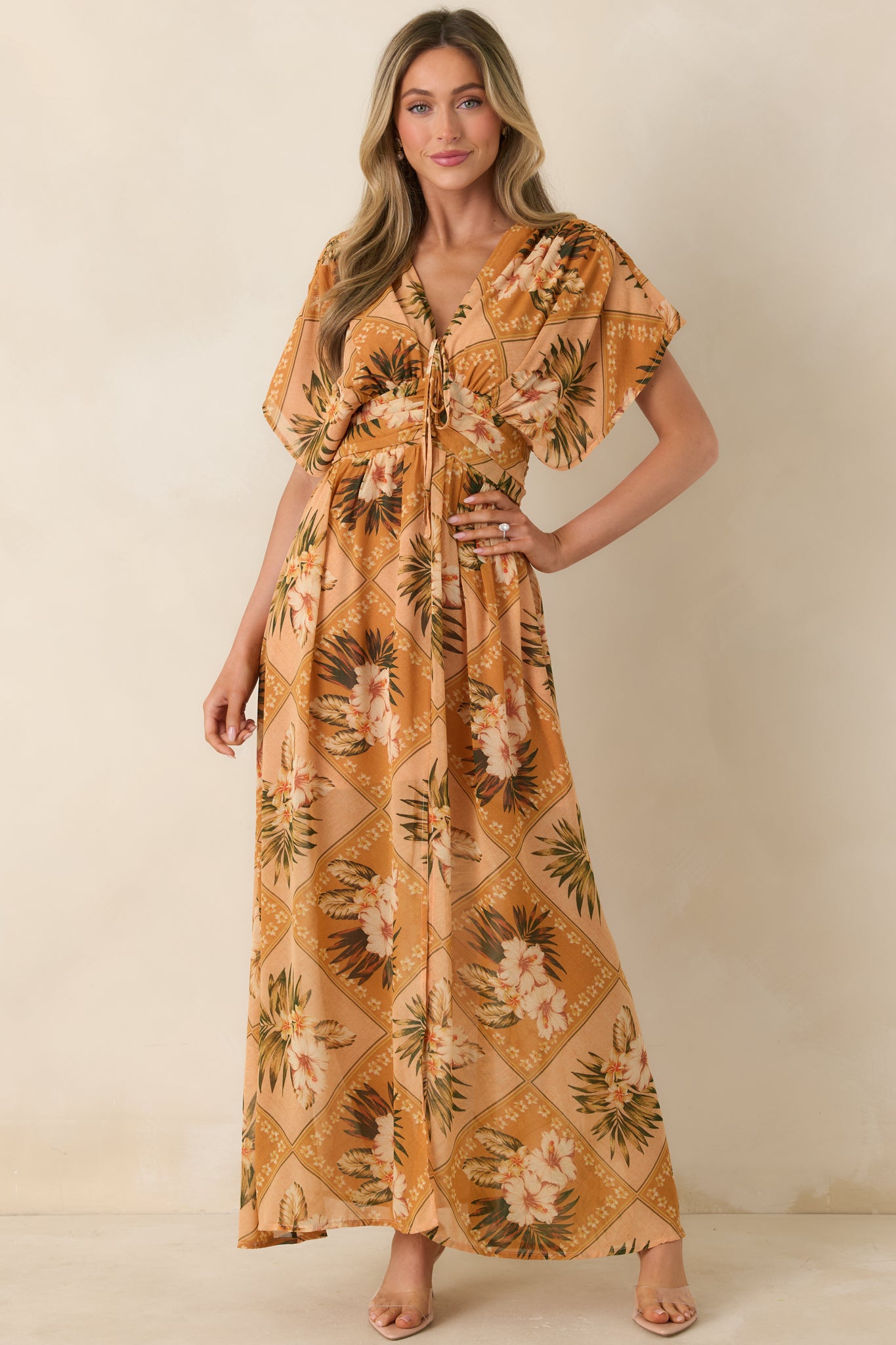 Women's Booked the Trip Peach Multi Tropical Print Maxi Dress | Color: Orange | Size: S