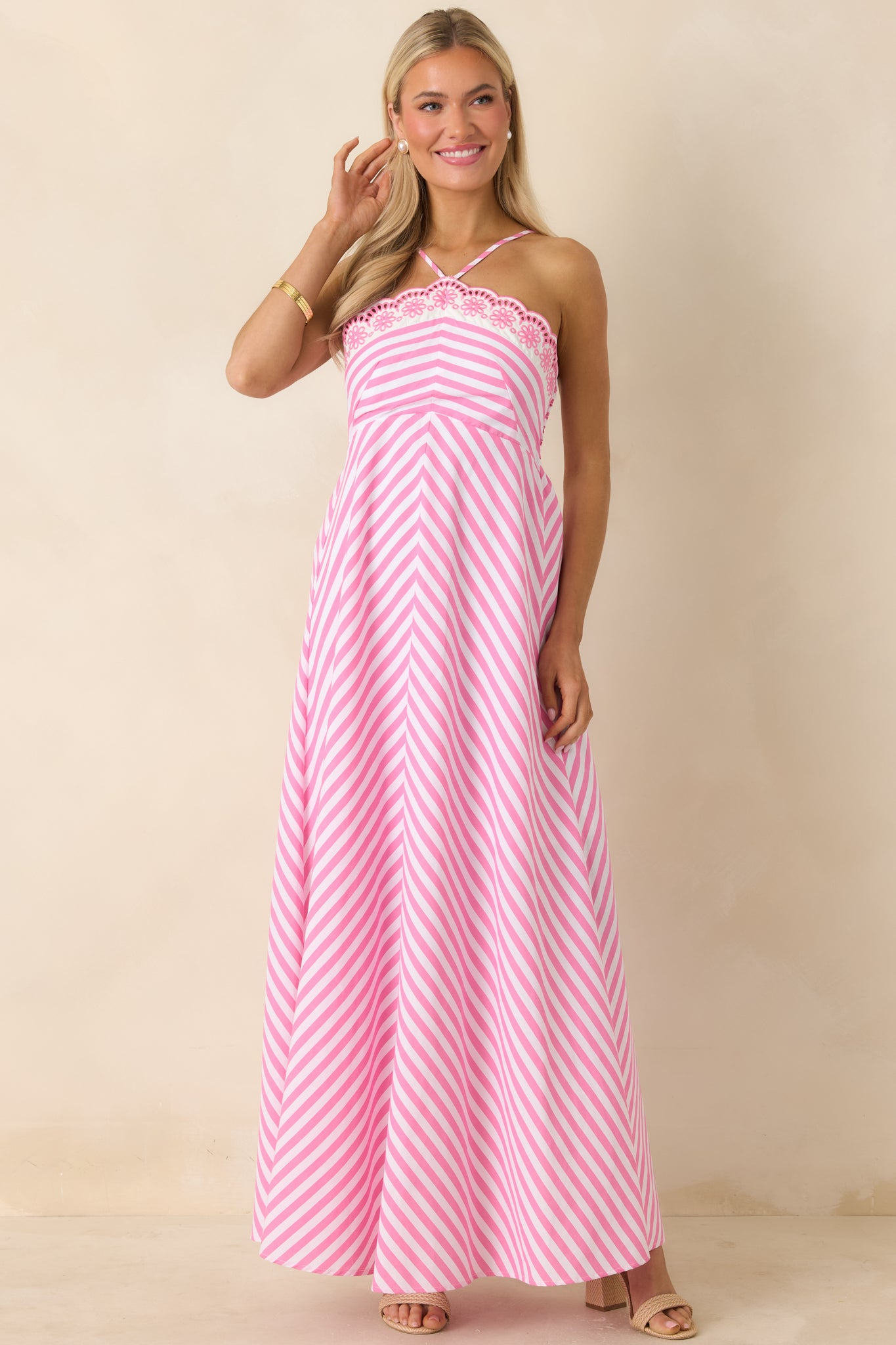 Red Dress | Pink Stripe Cotton Floral Hem Halter Maxi Dress - All Dresses Red Dress | Pink Stripe Cotton Floral Hem Halter Maxi Dress - All Dresses