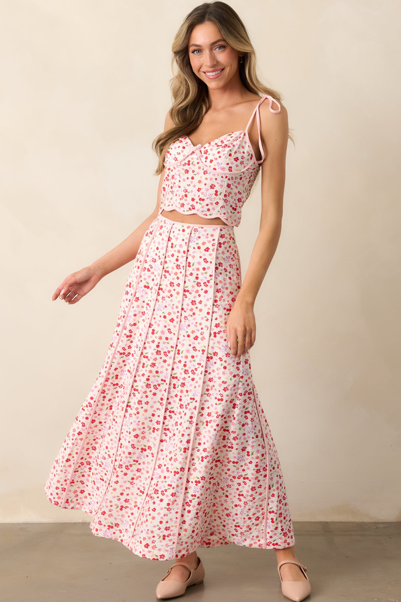 Pink Cherry Floral Panel Maxi Skirt - Two Piece Sets | Red Dress