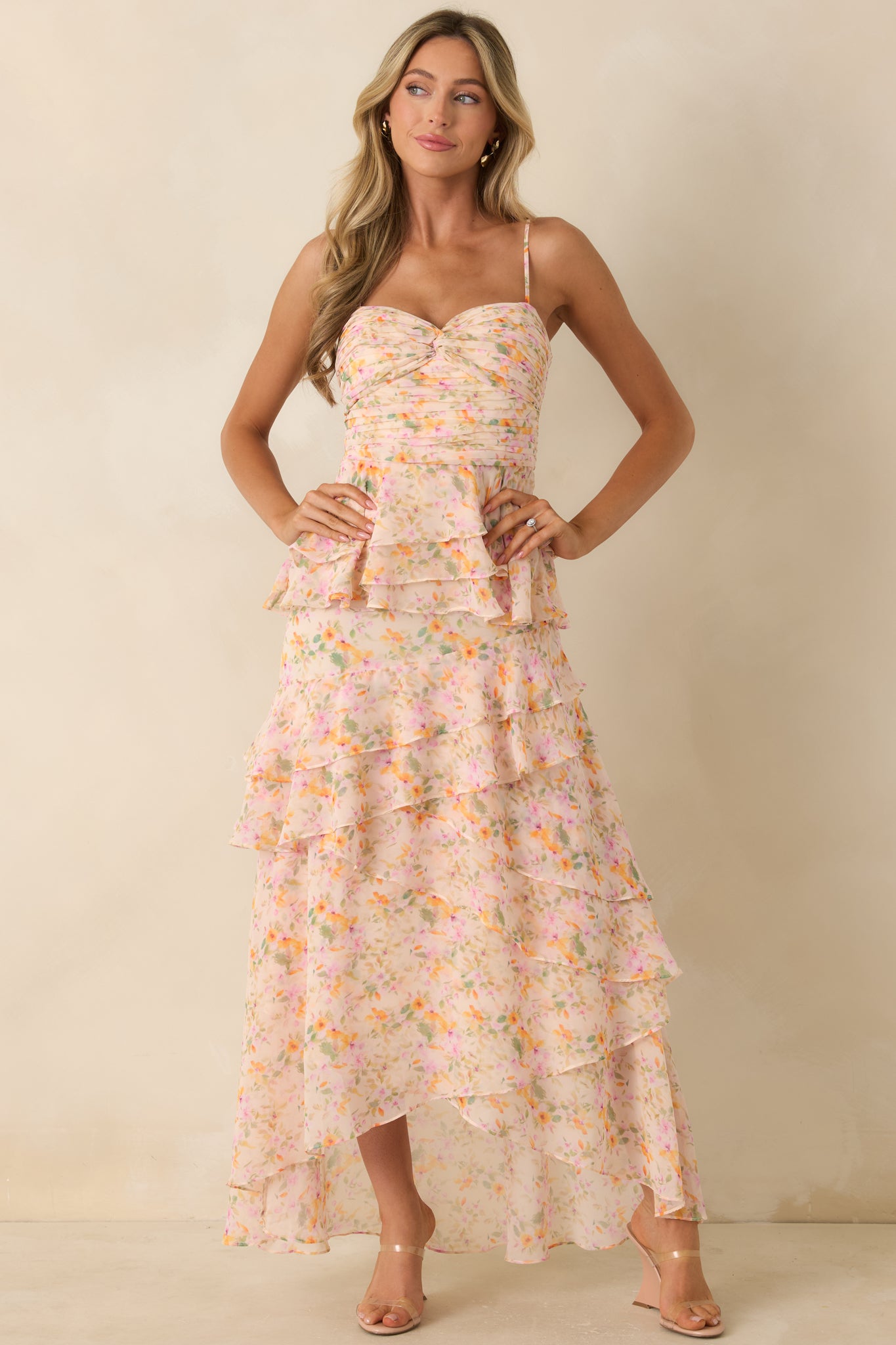 Pink floral maxi dress showcasing a fitted bodice with sweetheart neckline and soft ruched detailing.
