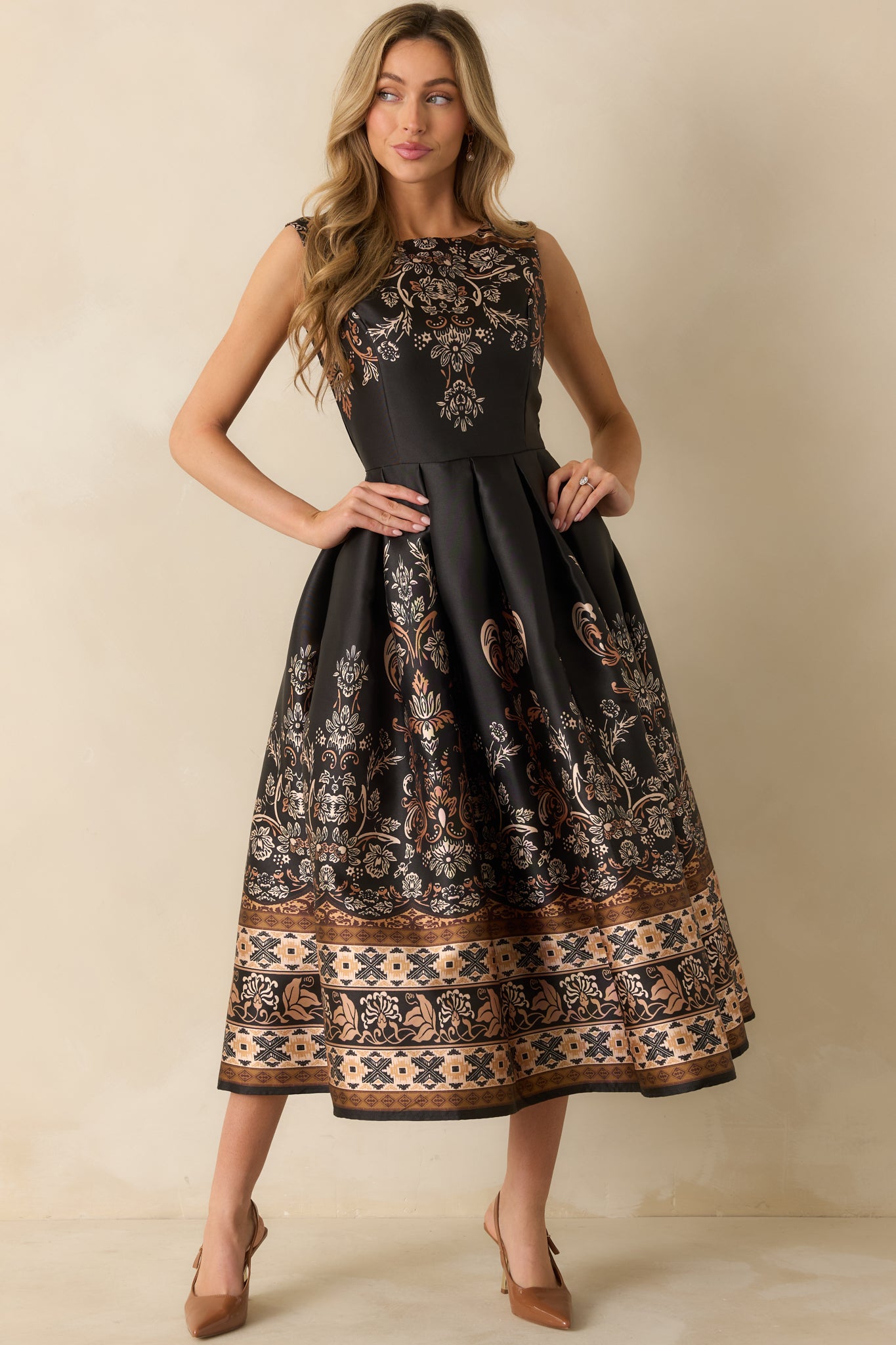 Three-quarter front angle highlighting the pleated skirt and hidden side pockets of the dress.