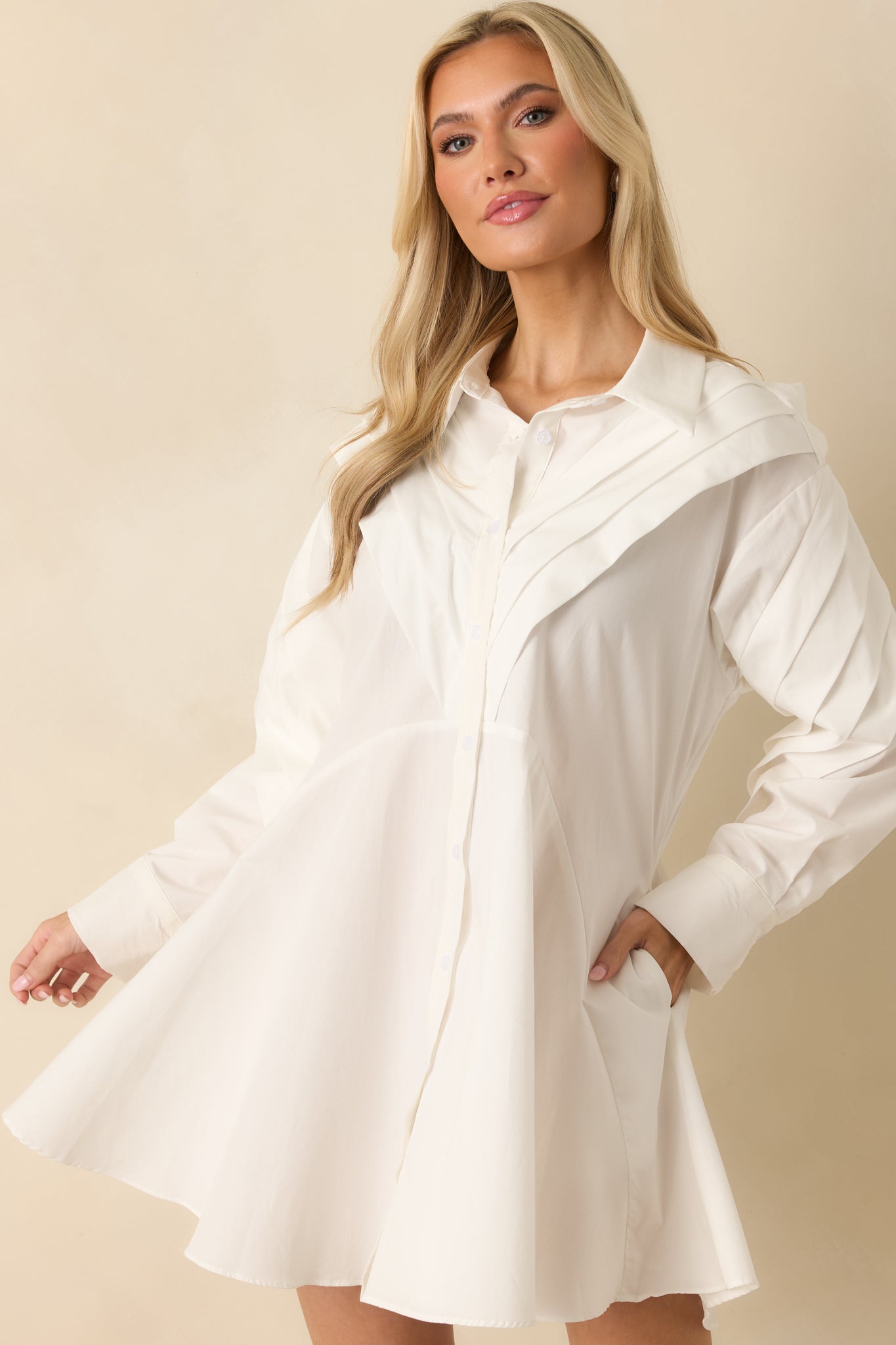 Women's All The Angles White Cotton Pleated Detail Long Sleeve Button-Up Mini Dress | Size: S | Red Dress Women's All The Angles White Cotton Pleated Detail Long Sleeve Button-Up Mini Dress | Size: S | Red Dress
