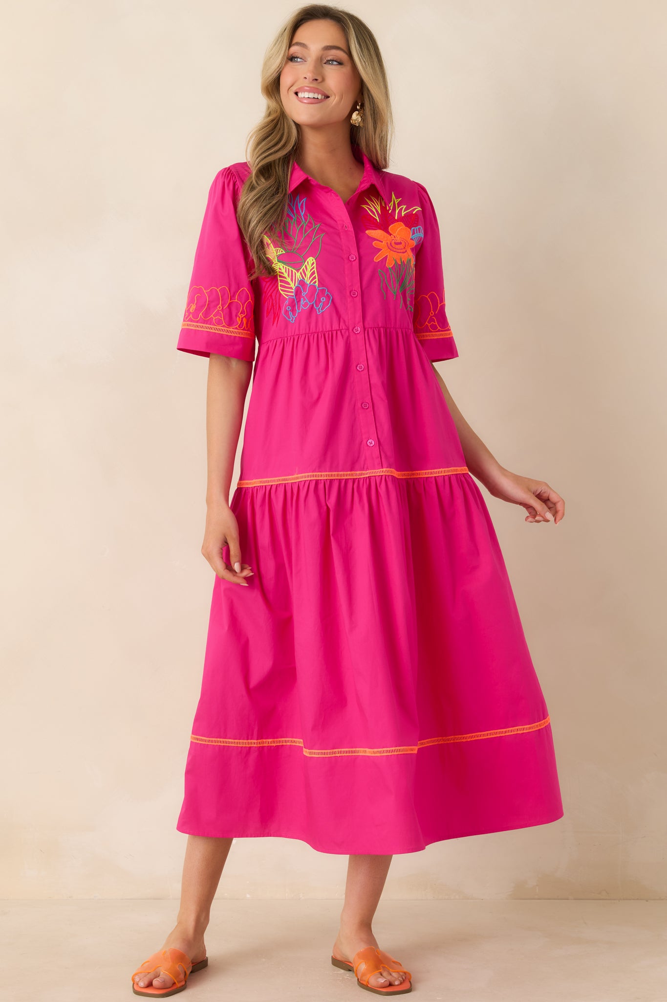 layering midi dress Women's Island Glow Fuchsia Tropical Cotton Embroidered Tiered | Color: Pink | Size: S and special Size:1 Youth All in Favor Women's Neckline:Square