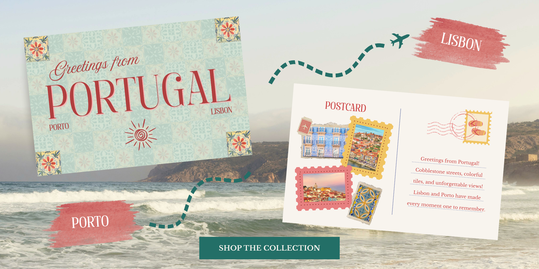 Portugal coastal backdrop with a postcard and text overlay.