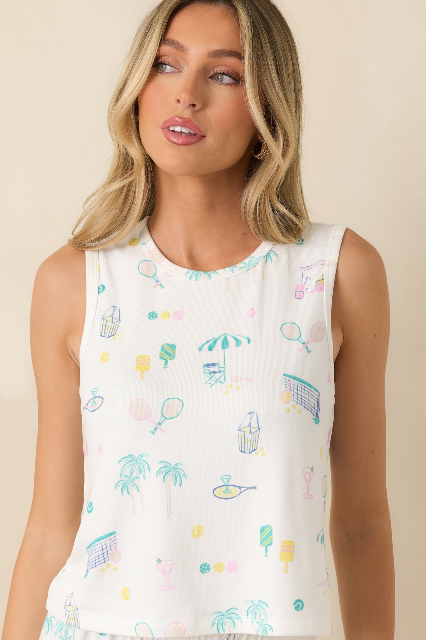 Close-up of the sleeveless design and smooth round neckline on the printed pajama tank.
