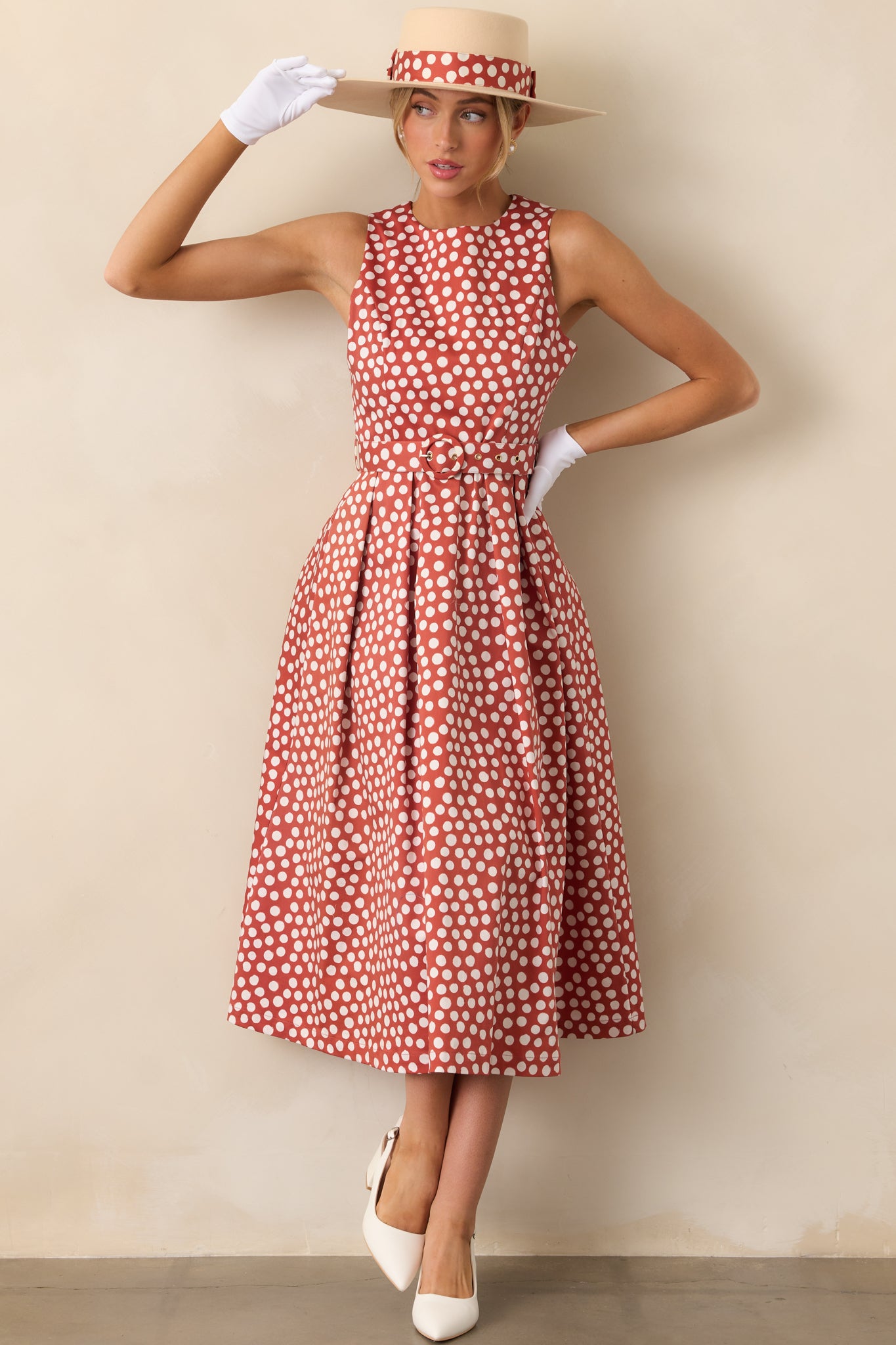 Prosperina Ava Midi Dress In Brick Red Polka Dot Cotton | Red Dress Prosperina Ava Midi Dress In Brick Red Polka Dot Cotton | Red Dress