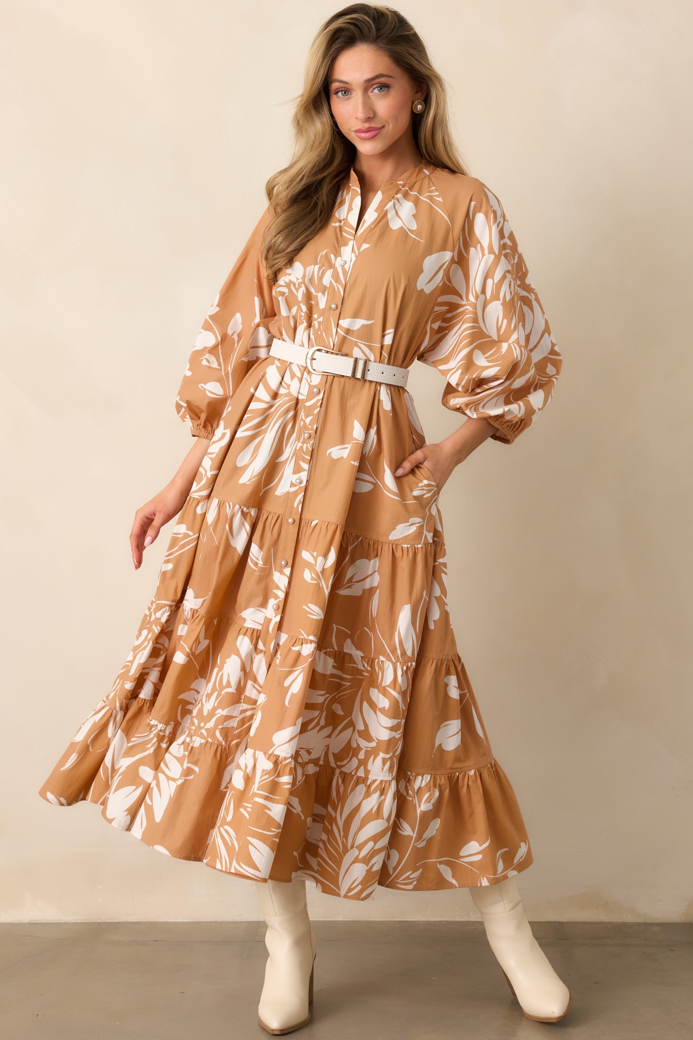Breezy fawn brown maxi dress with ivory florals, puff sleeves, and tiered skirt for effortless elegance.