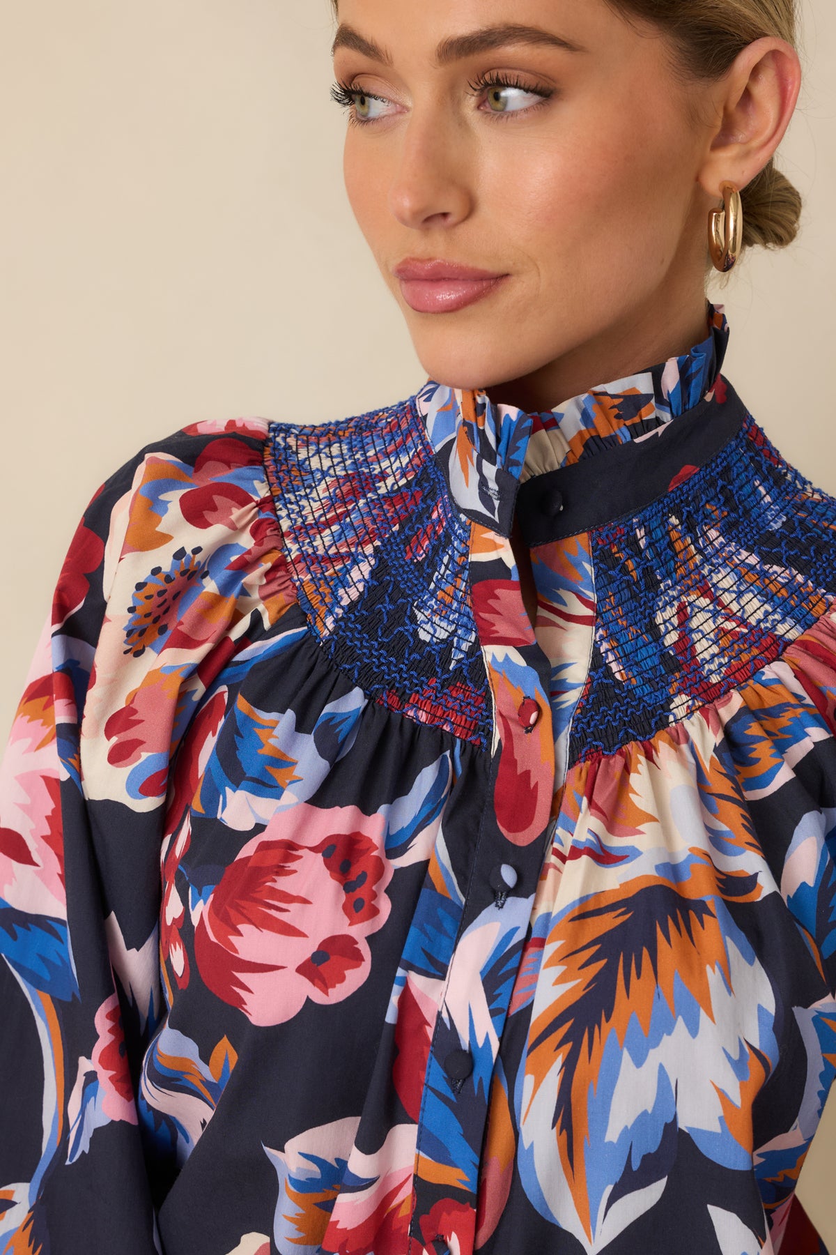 Prosperina Bedford Navy Multi Floral Cotton Smocked Blouse