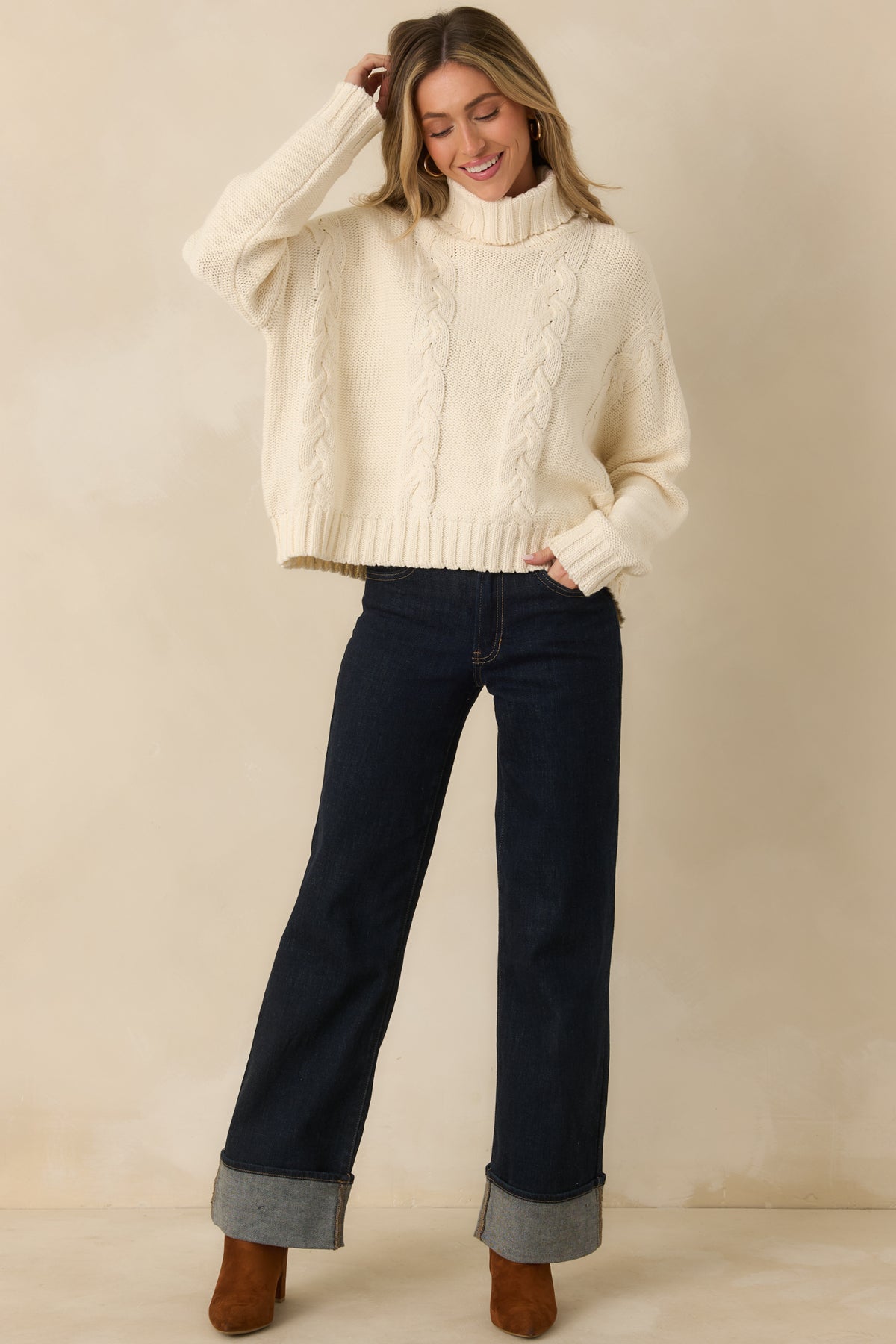 Prosperina Beckett Ivory Cable Knit Turtleneck Sweater