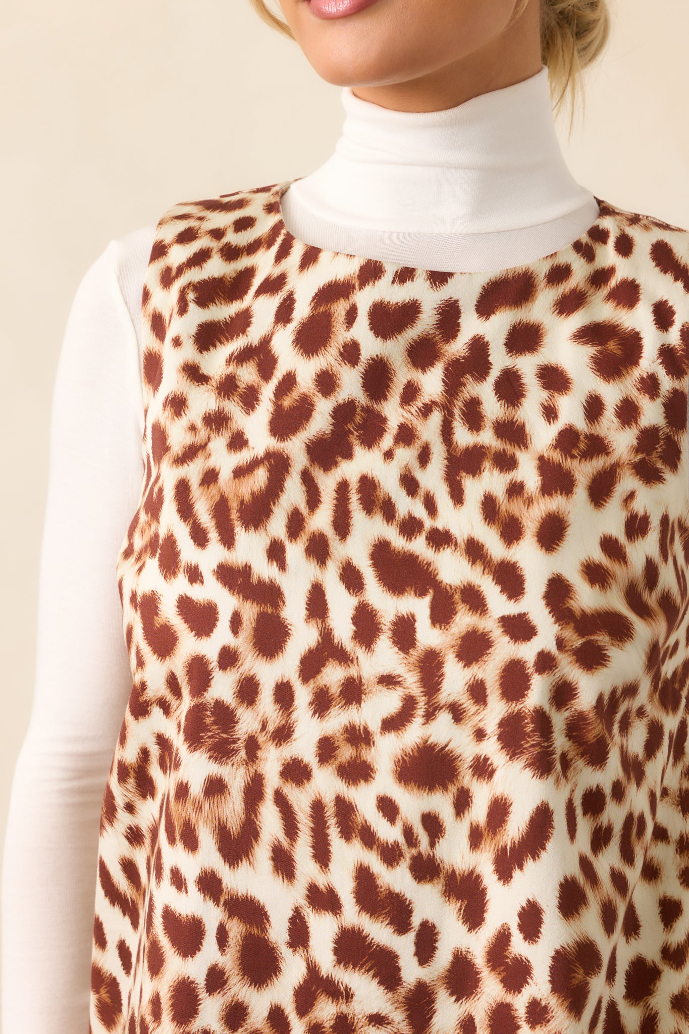 Close-up of the abstract leopard print fabric showing texture and color contrast.