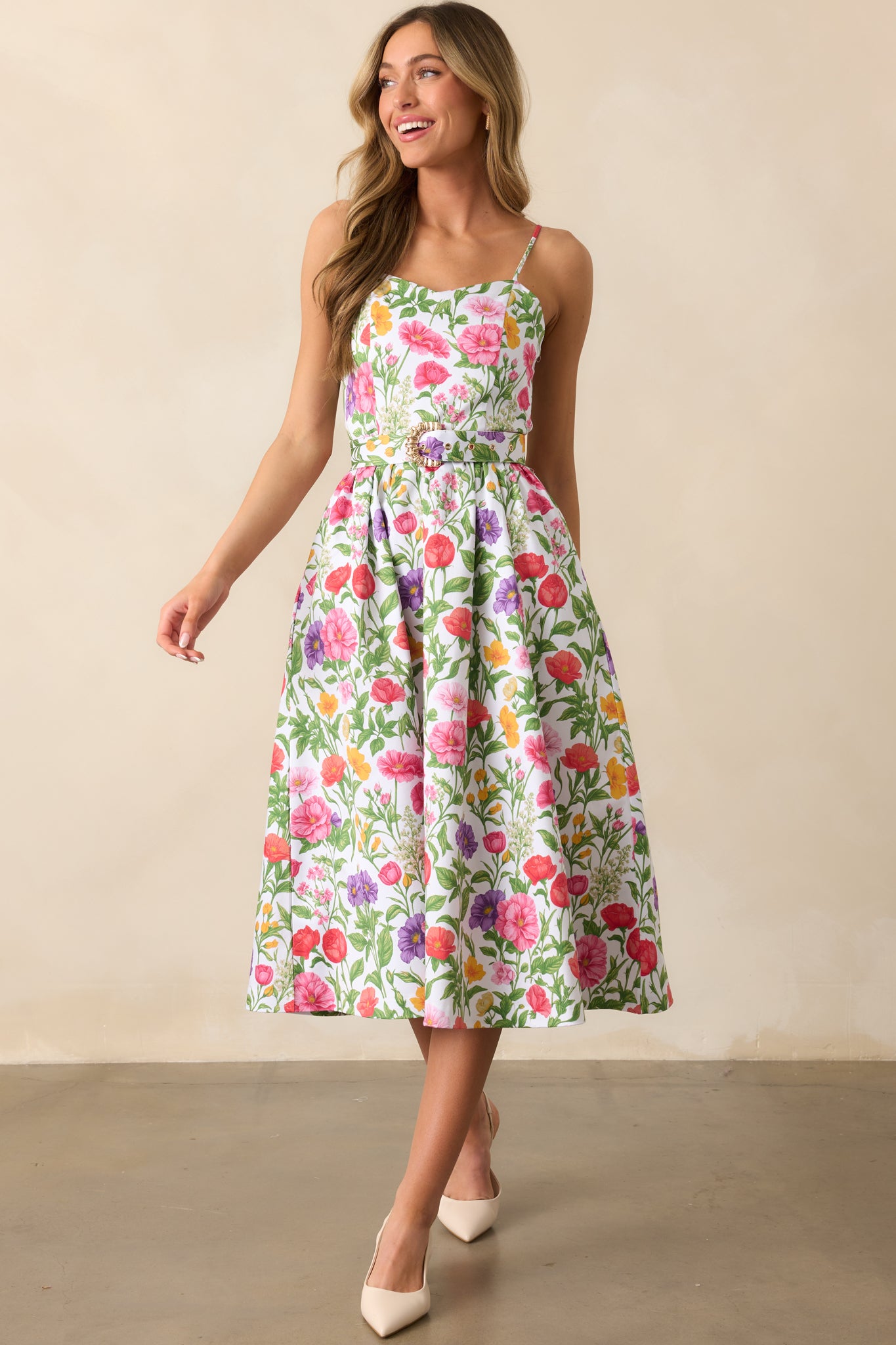 A front-facing view of the multicolor floral midi dress, showcasing its sweetheart neckline and flowing silhouette.