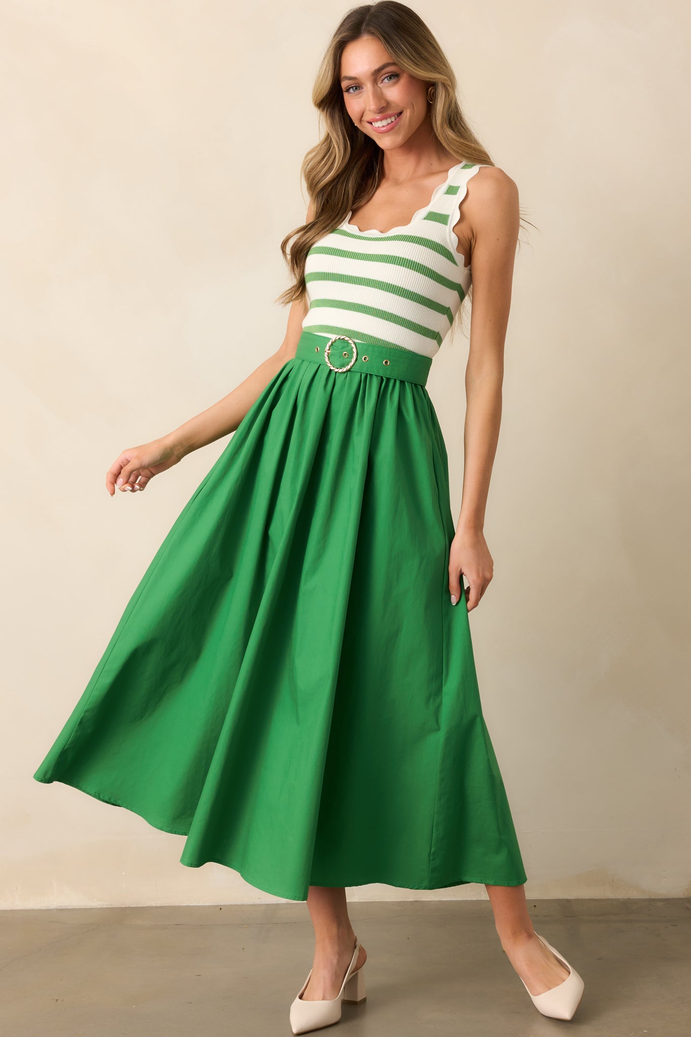 Prosperina Greer Midi Dress In Eden Green Stripe | Red Dress Prosperina Greer Midi Dress In Eden Green Stripe | Red Dress