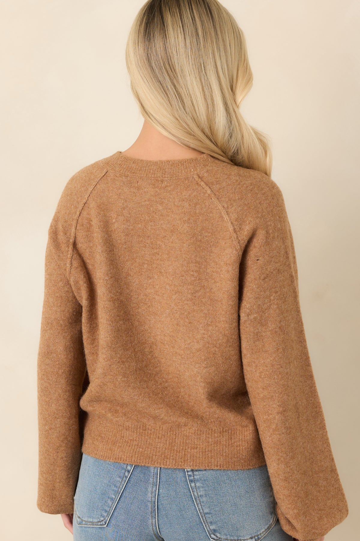 Rear of the caramel brown knit top featuring a simple textured back, long raglan sleeves, and ribbed cuffs and hem.