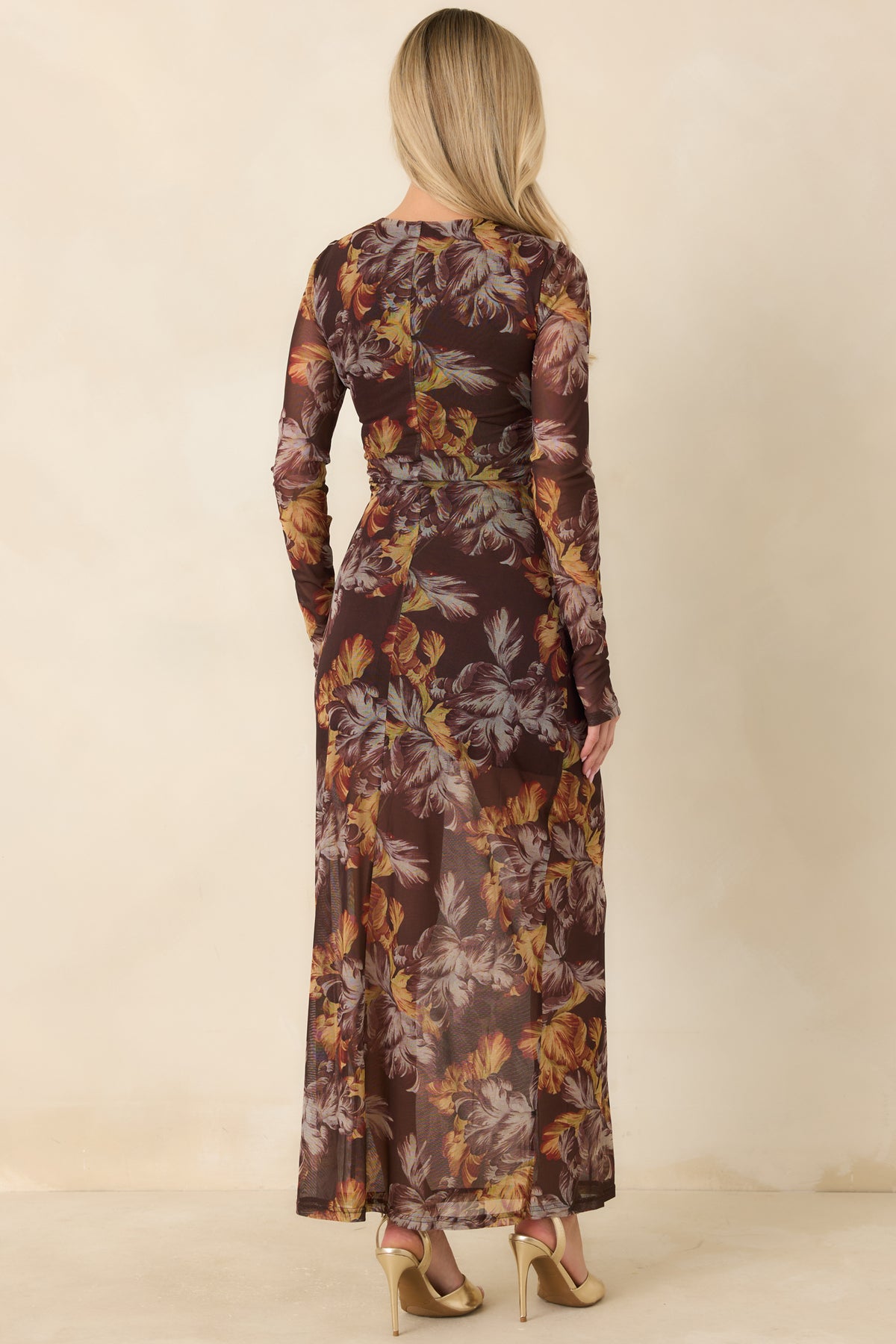 Rear view of the brown floral mesh dress with long sheer sleeves and a fitted silhouette.