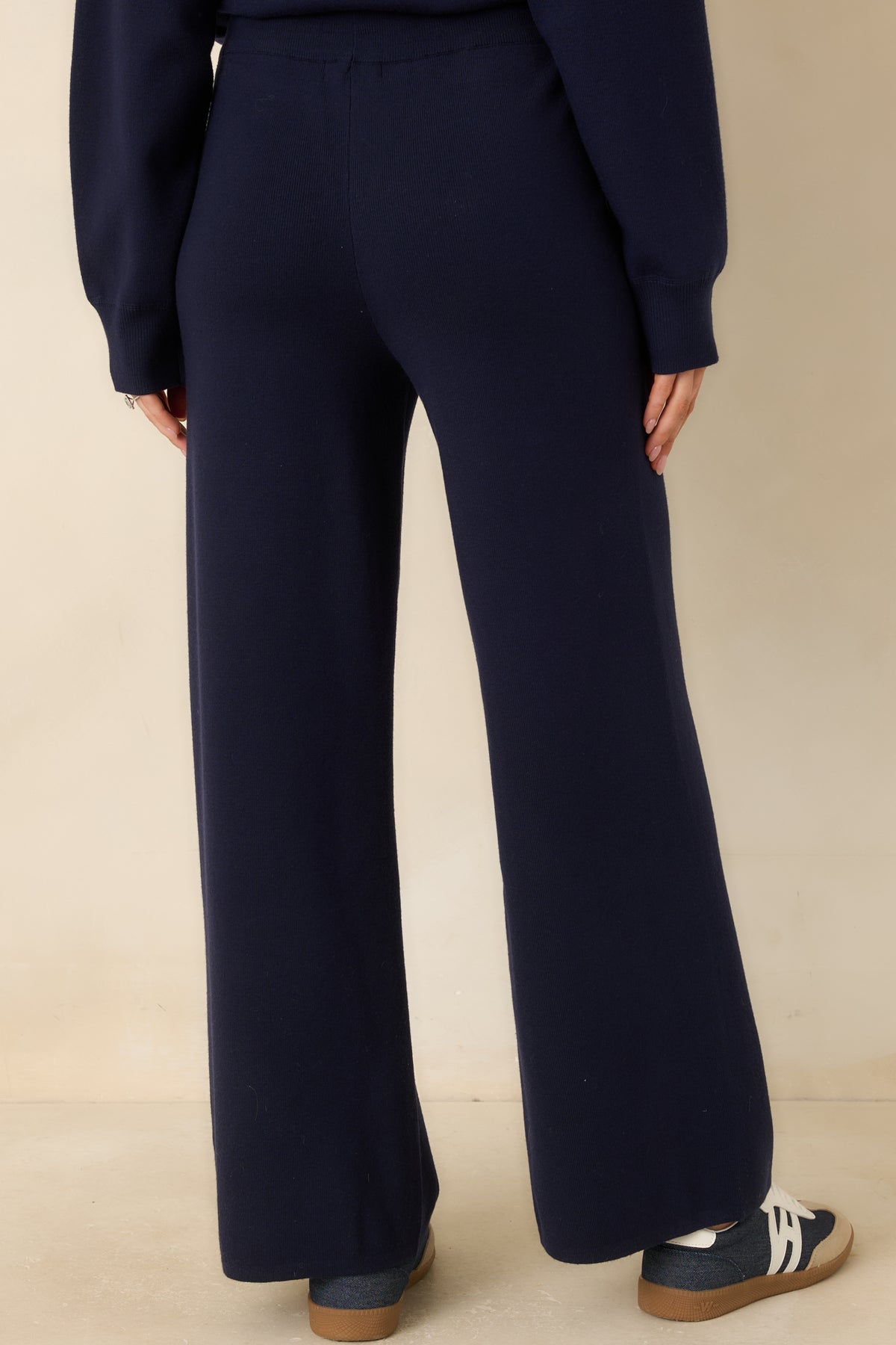 Rear view of the deep navy wide-leg pants showing the smooth waistband and relaxed drape.