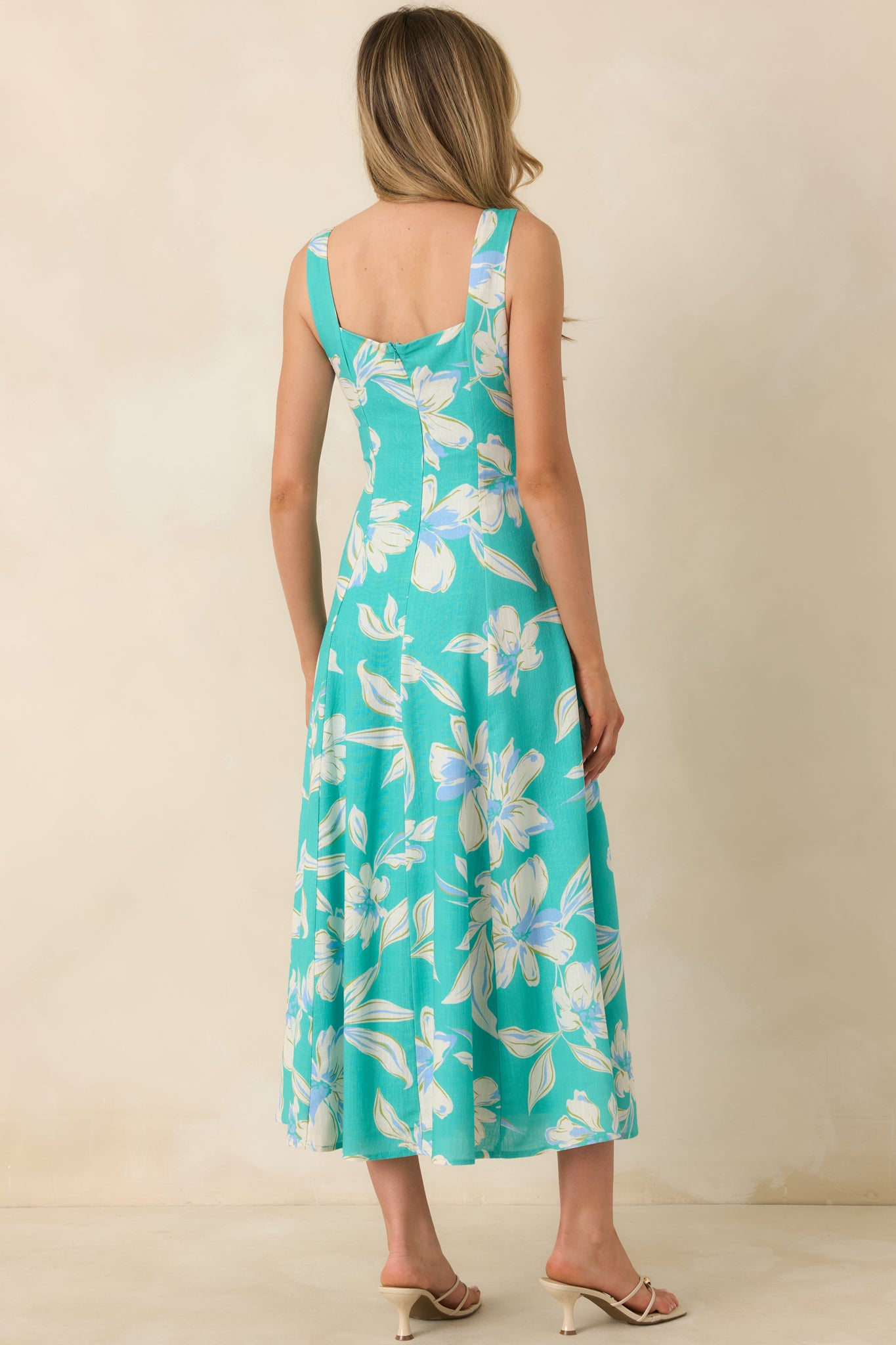 Rear view of turquoise midi dress featuring concealed back zipper, fitted waist, and softly flared A-line skirt.