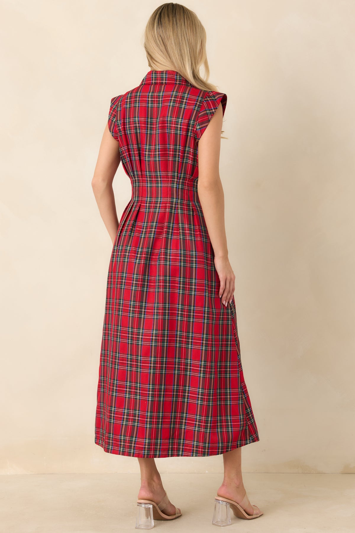 Rear view of the midi dress showing its fitted bodice, tailored waist, and pleated A-line skirt.