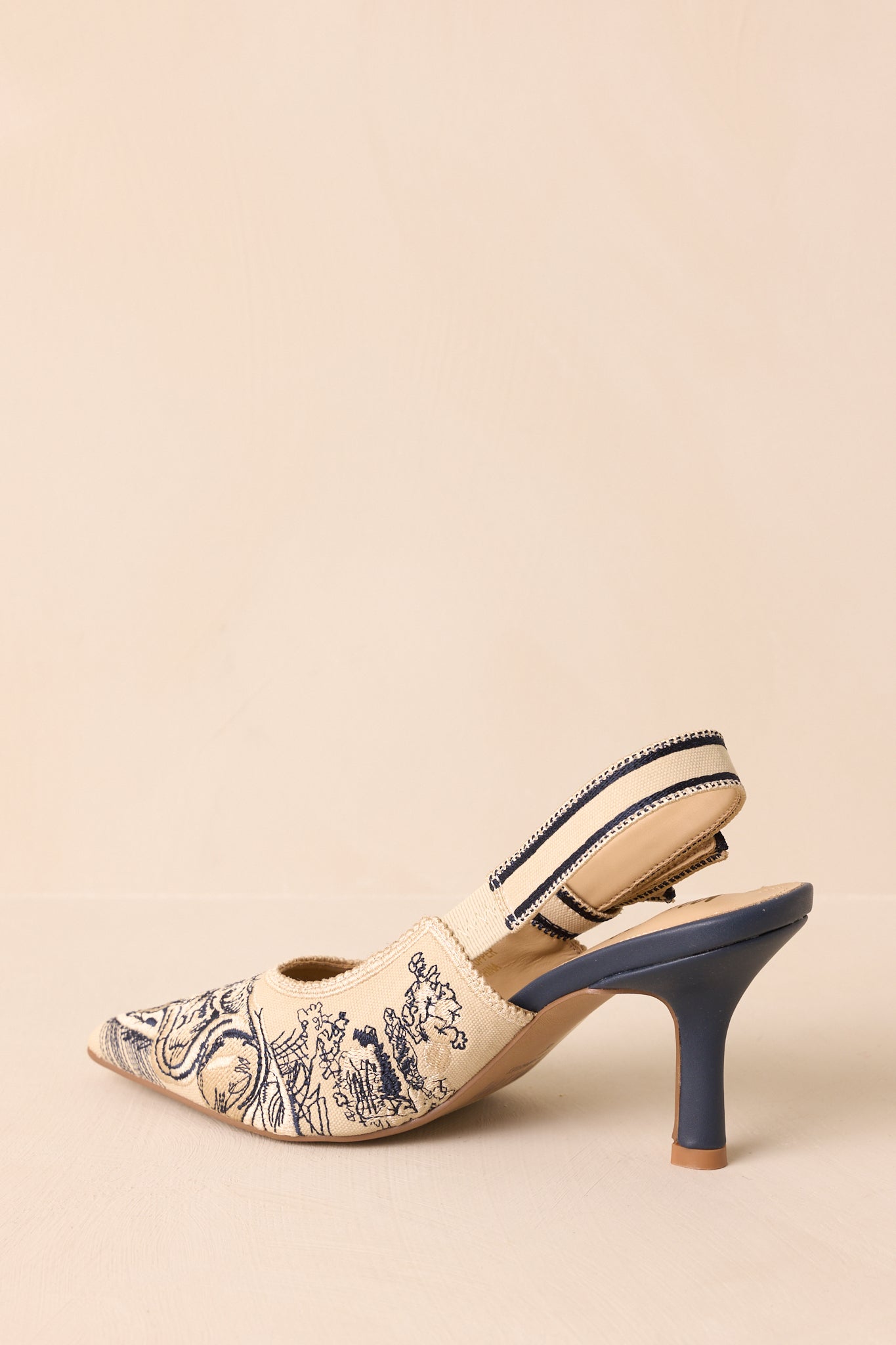 Rear view of blue multi slingback heels showing the elastic strap and structured heel.
