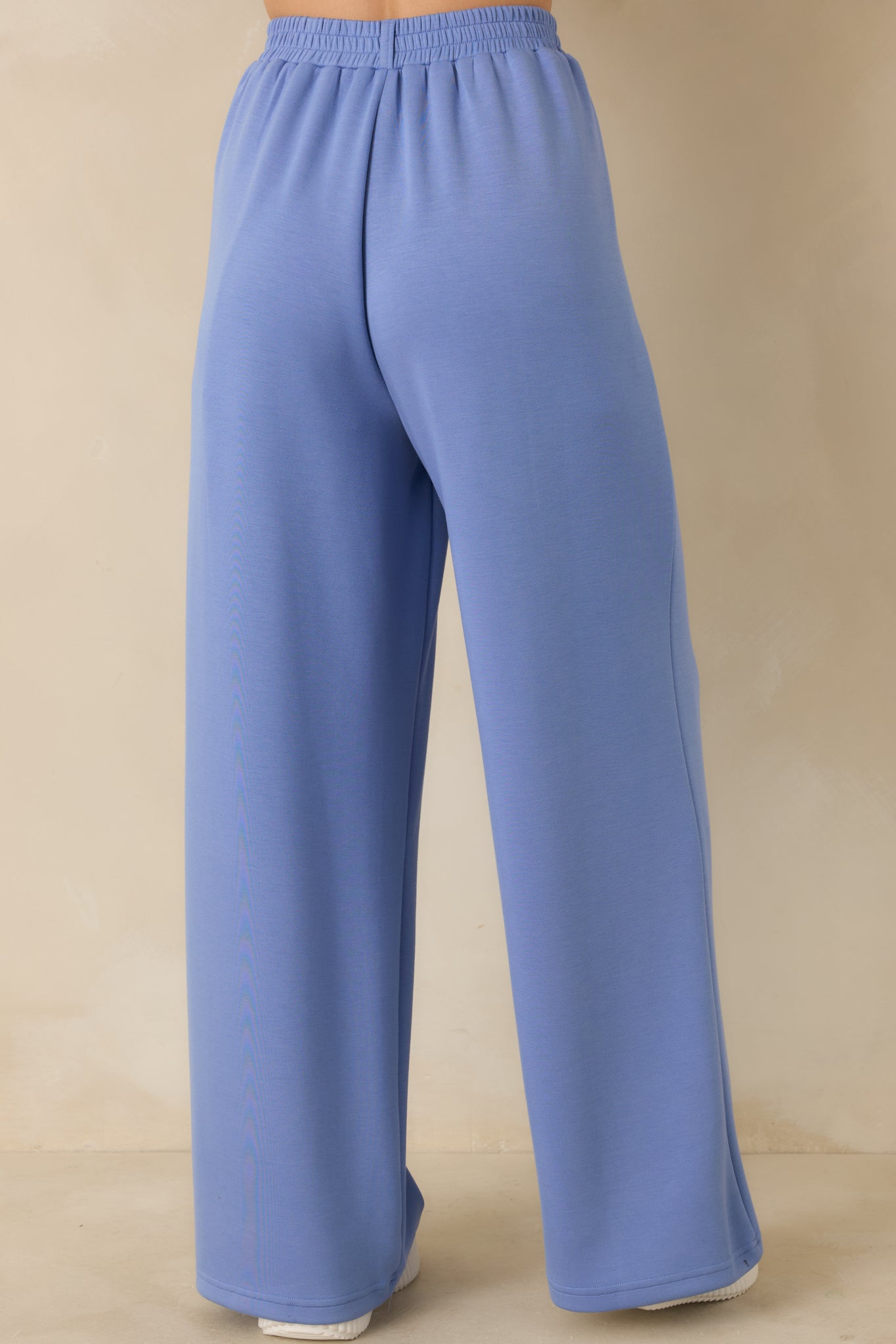 Rear view of the blue high-waisted pants showing clean lines, smooth knit fabrication, and wide-leg silhouette from behind.