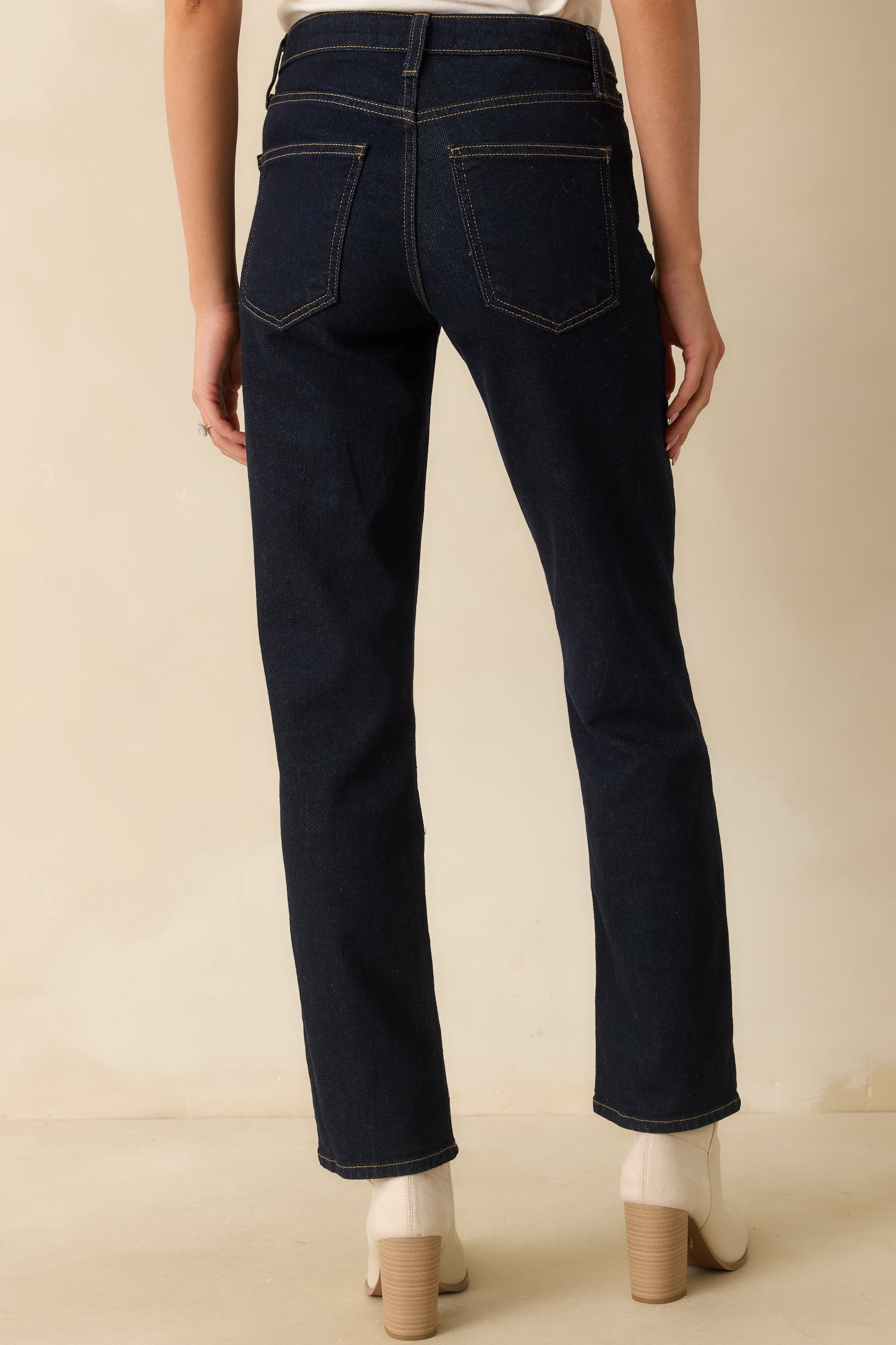 Rear view of the deep indigo straight leg jeans highlighting the back pockets, high-rise fit, and structured denim construction.