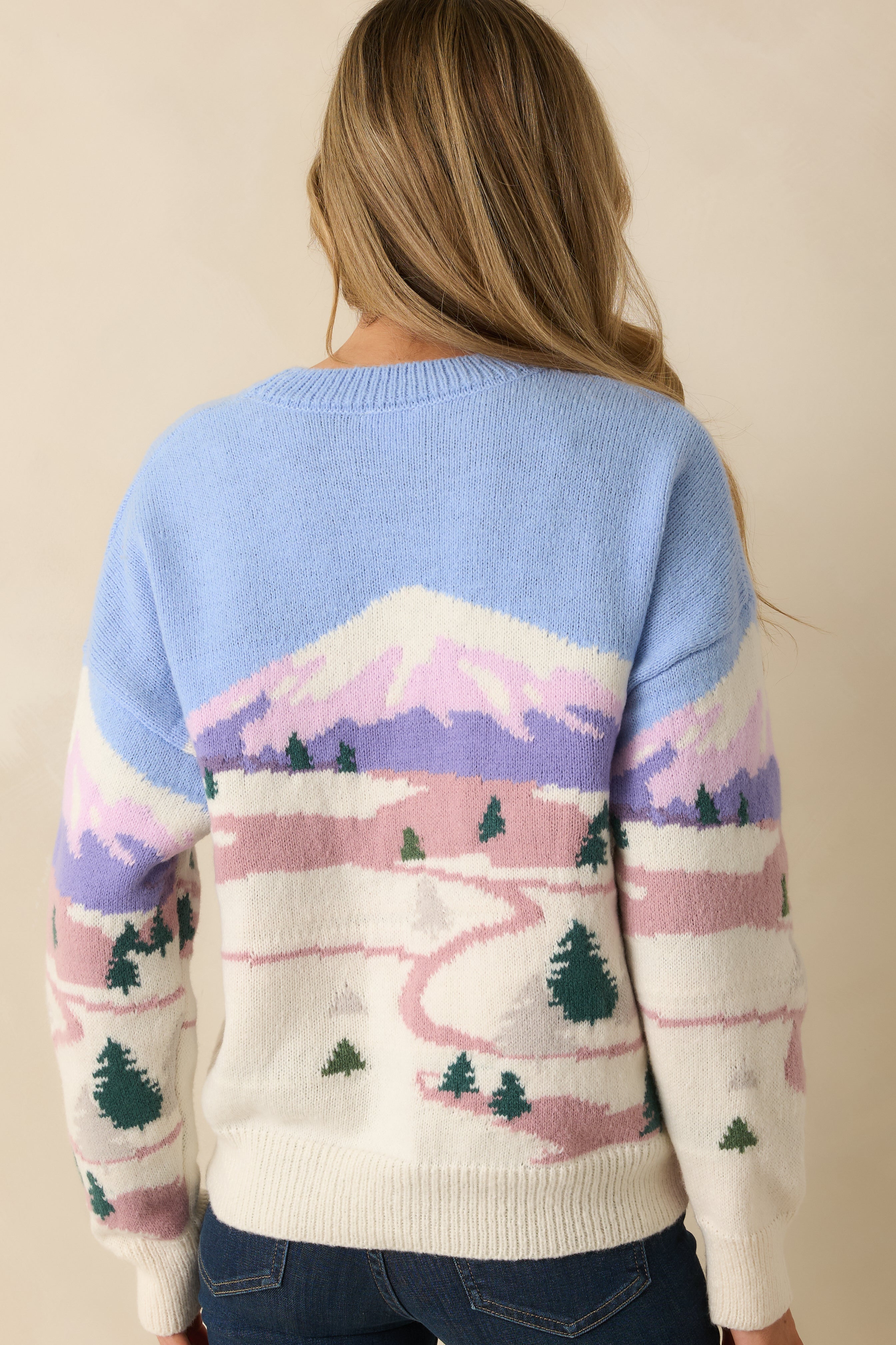 Rear view of the periwinkle and ivory sweater showing the relaxed fit and smooth knit finish.