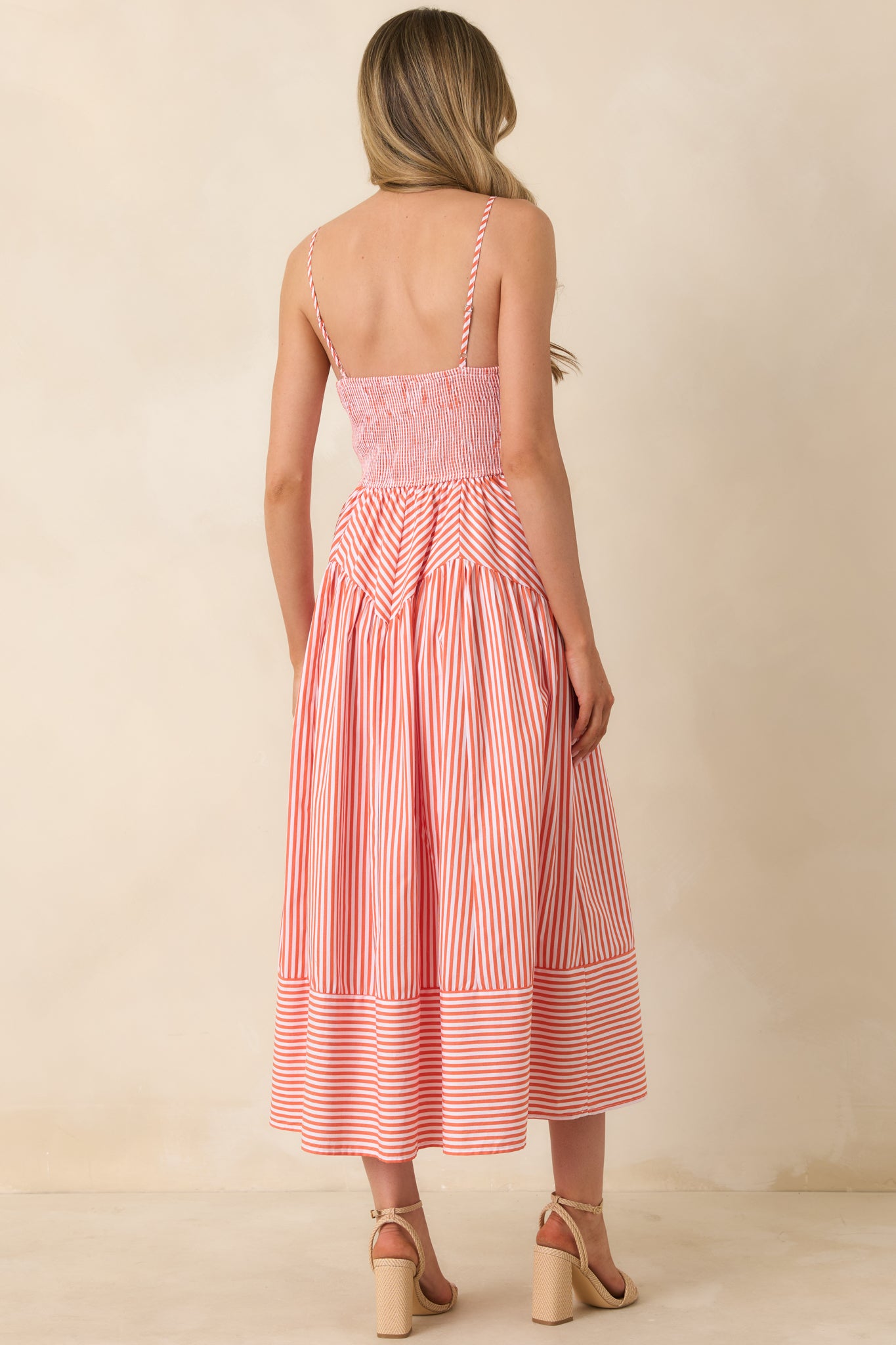 Rear view of striped dress showing smocked back and adjustable spaghetti straps.