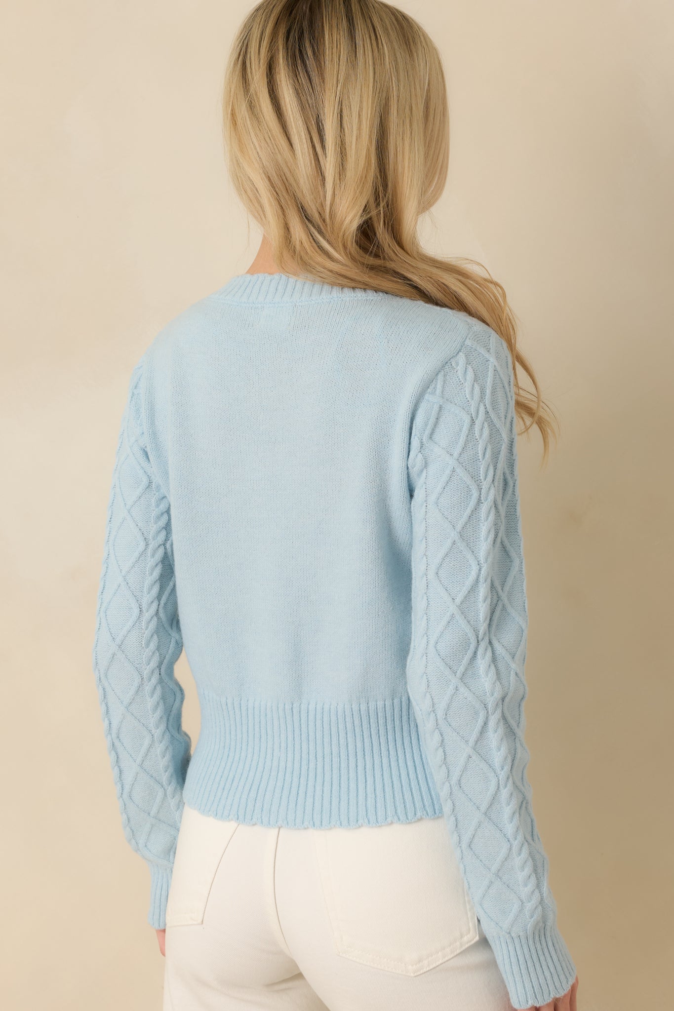 Rear view of light blue cardigan showing smooth knit fabric and consistent embroidered lobster design.