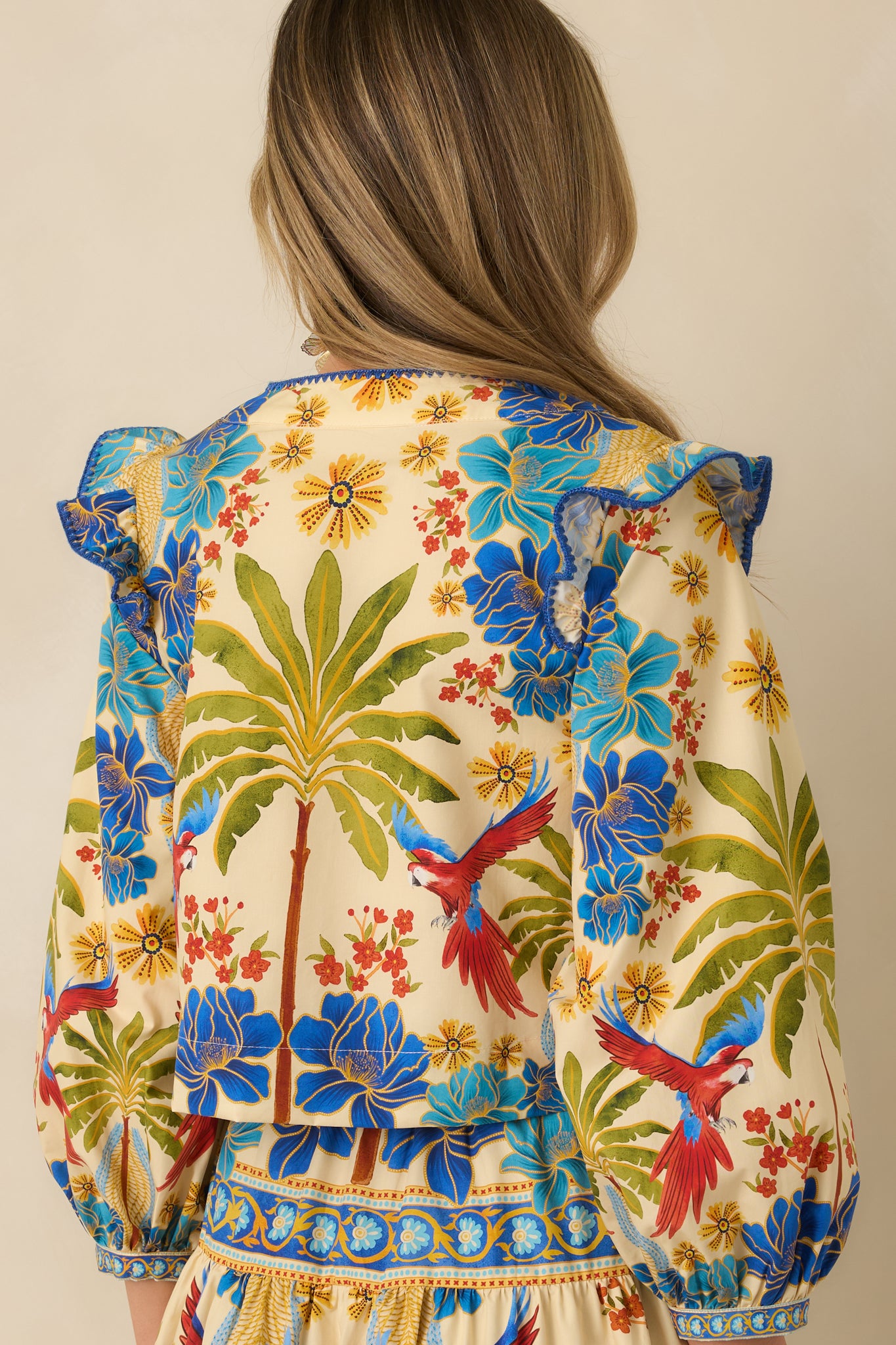 Rear view of multicolored top showing smooth back fabric, ruffled shoulders, and cropped hem.