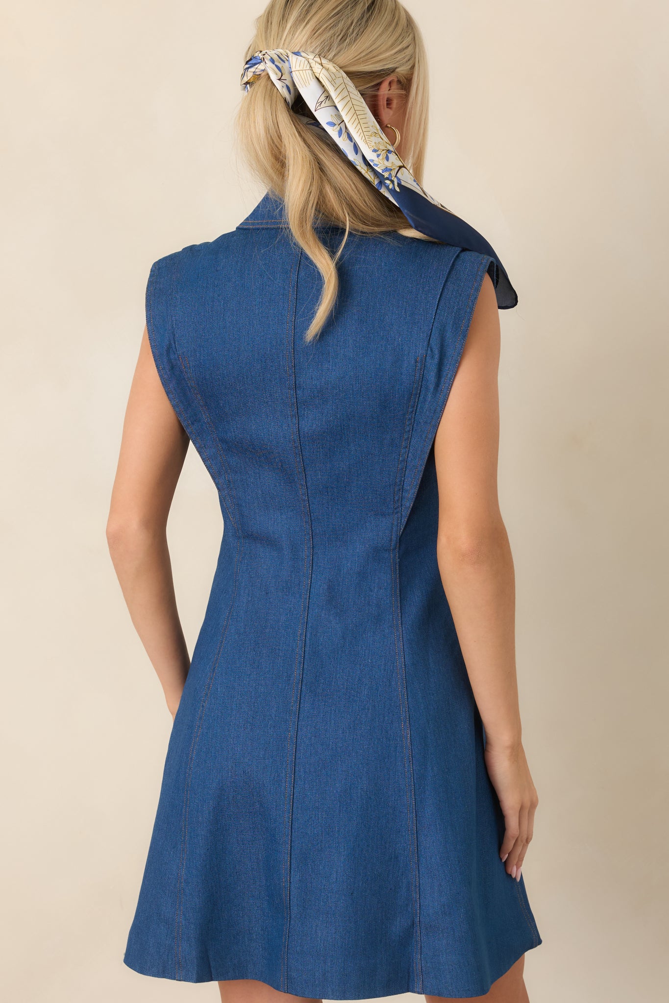 Rear view of the structured mini dress showcasing its contoured waist seaming, sleeveless silhouette, and softly flared skirt.