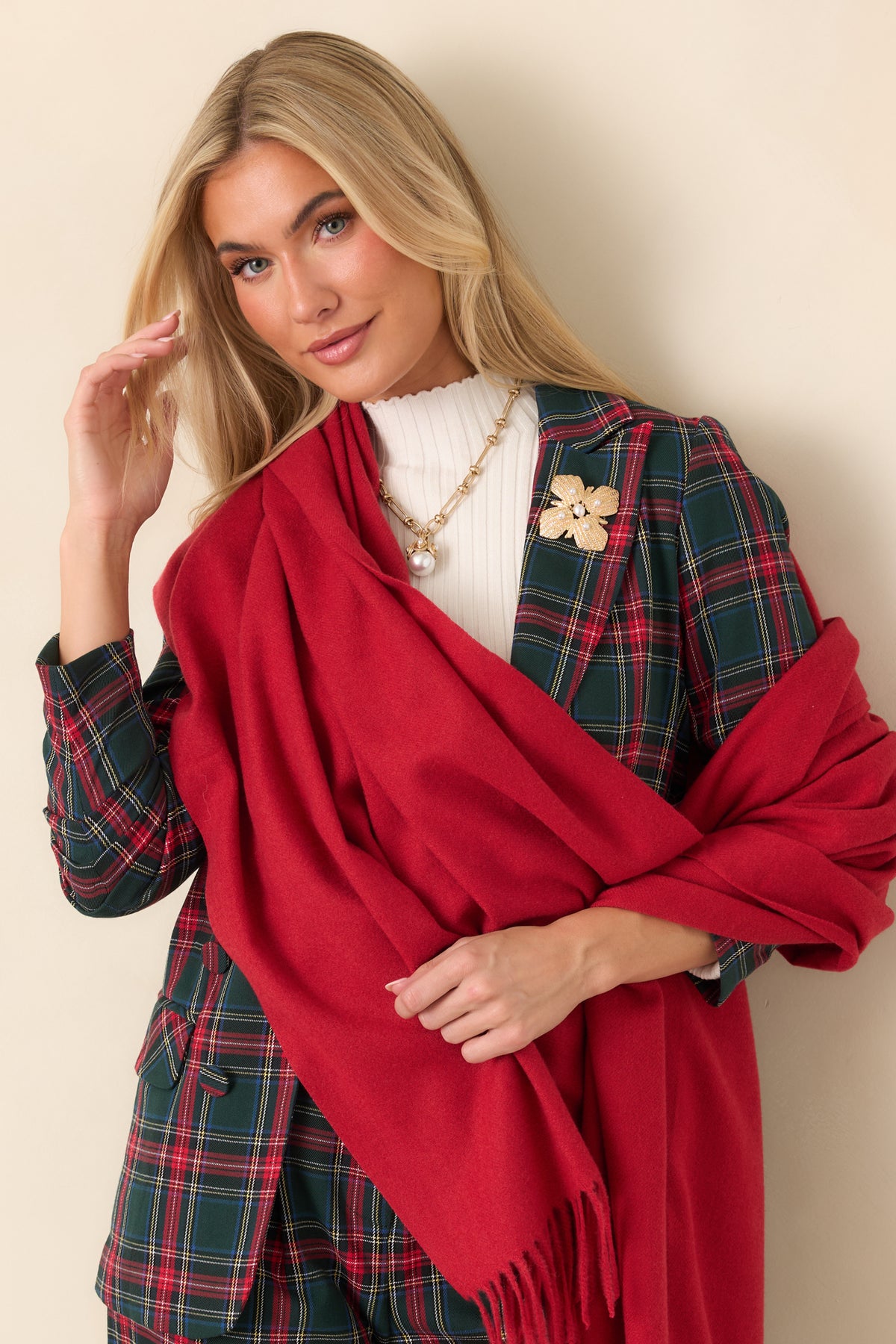 Soft Cashmere Red Wrap Scarf Styled Crossbody.