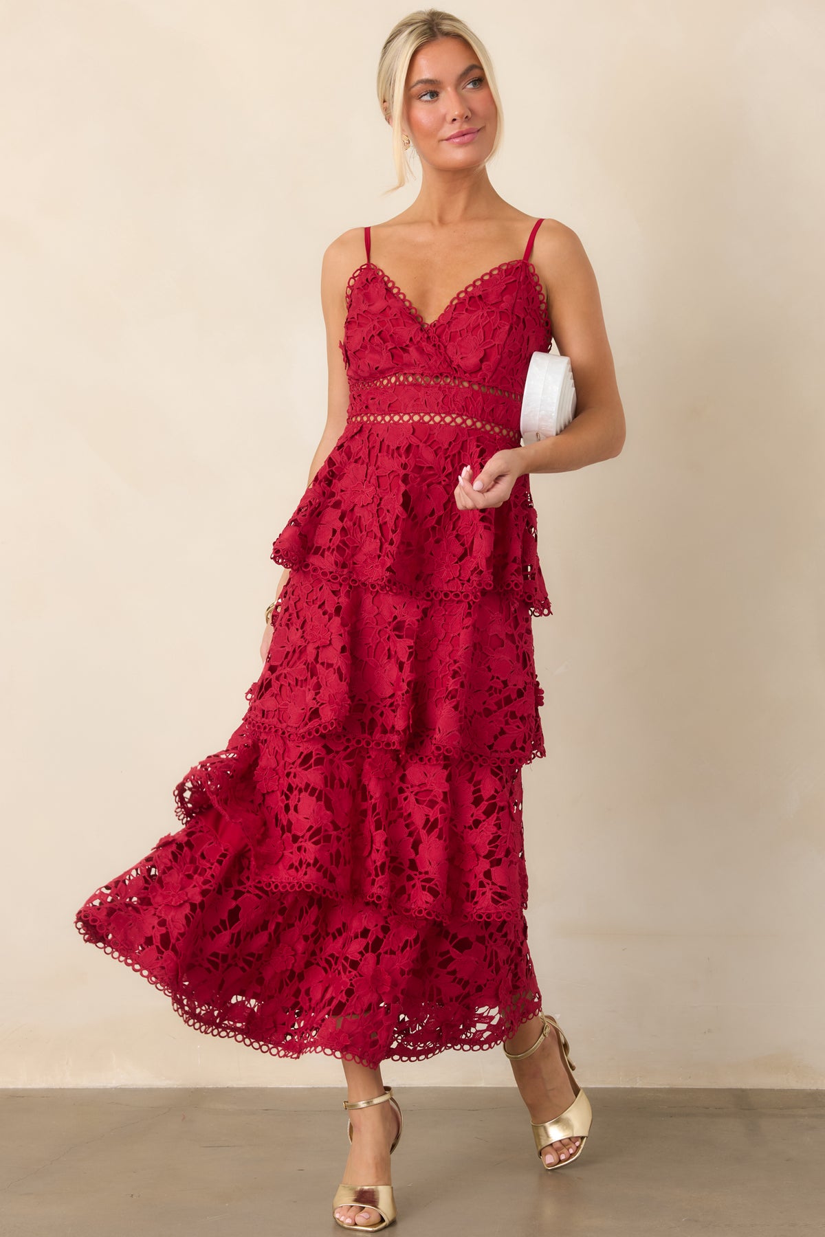 Romantic red maxi dress with adjustable spaghetti straps, layered floral lace, and intricate openwork waist accents.